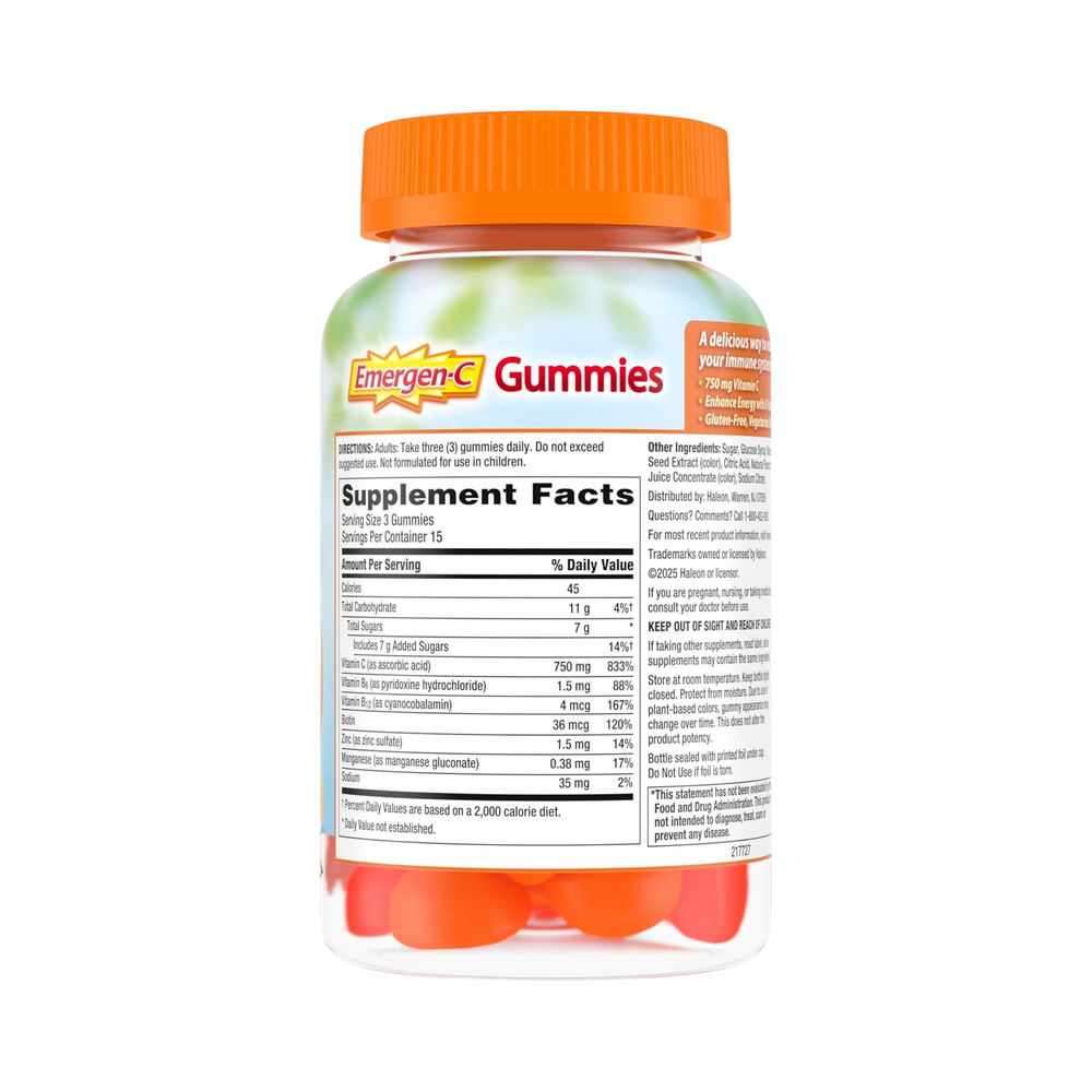 Emergen-C, 750 Mg Vitamin C Gummies for Adults, Immunity Gummies with B Vitamins, Orange, Tangerine and Raspberry Flavors, 45 Count