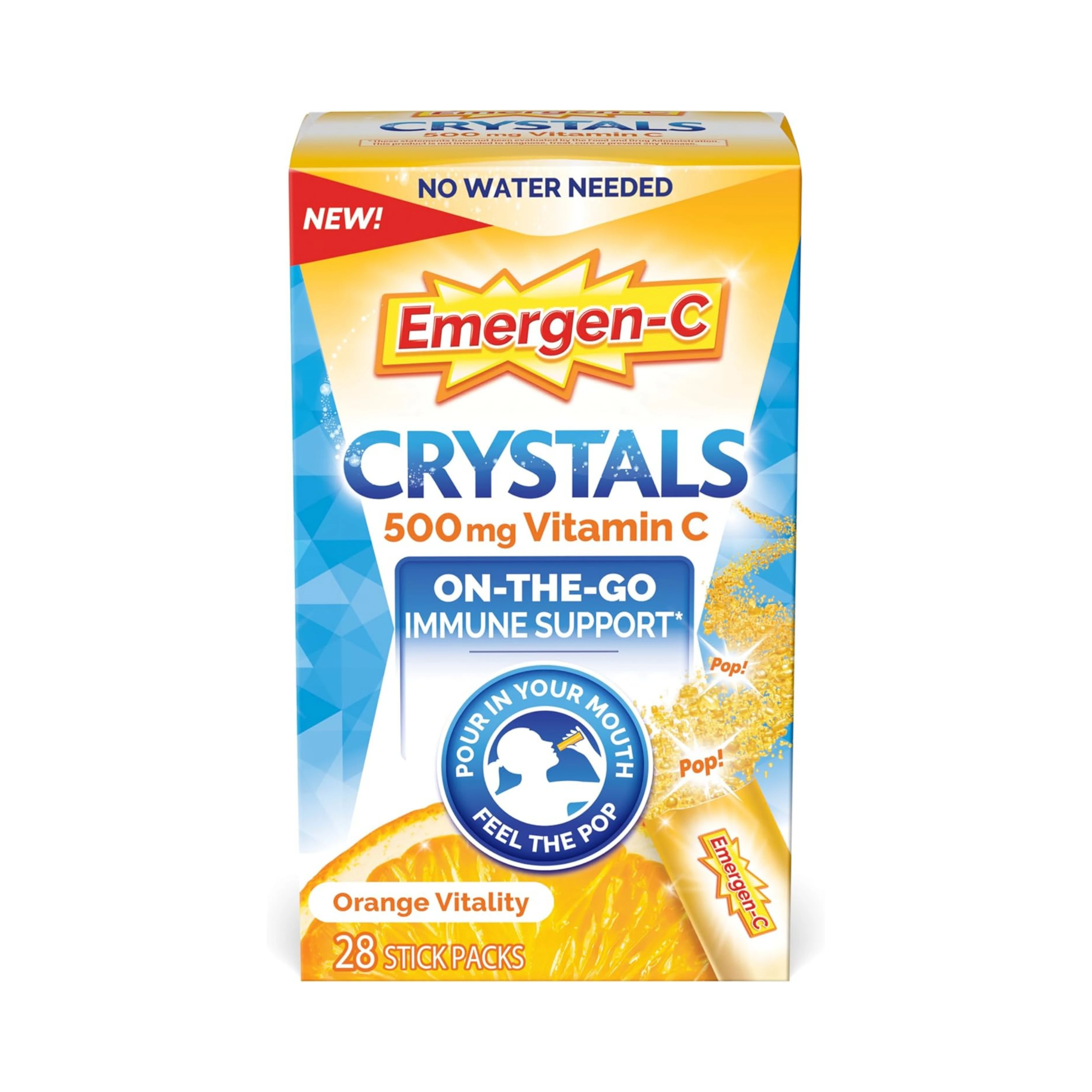 Emergen-C Crystals, On-The-Go Immune Support Supplement with Vitamin C, B Vitamins, Zinc and Manganese, Orange Vitality, 28 Stick Packs