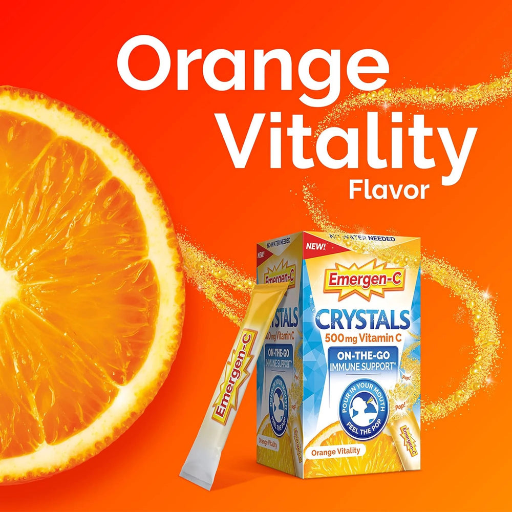Emergen-C Crystals, On-The-Go Immune Support Supplement with Vitamin C, B Vitamins, Zinc and Manganese, Orange Vitality, 28 Stick Packs