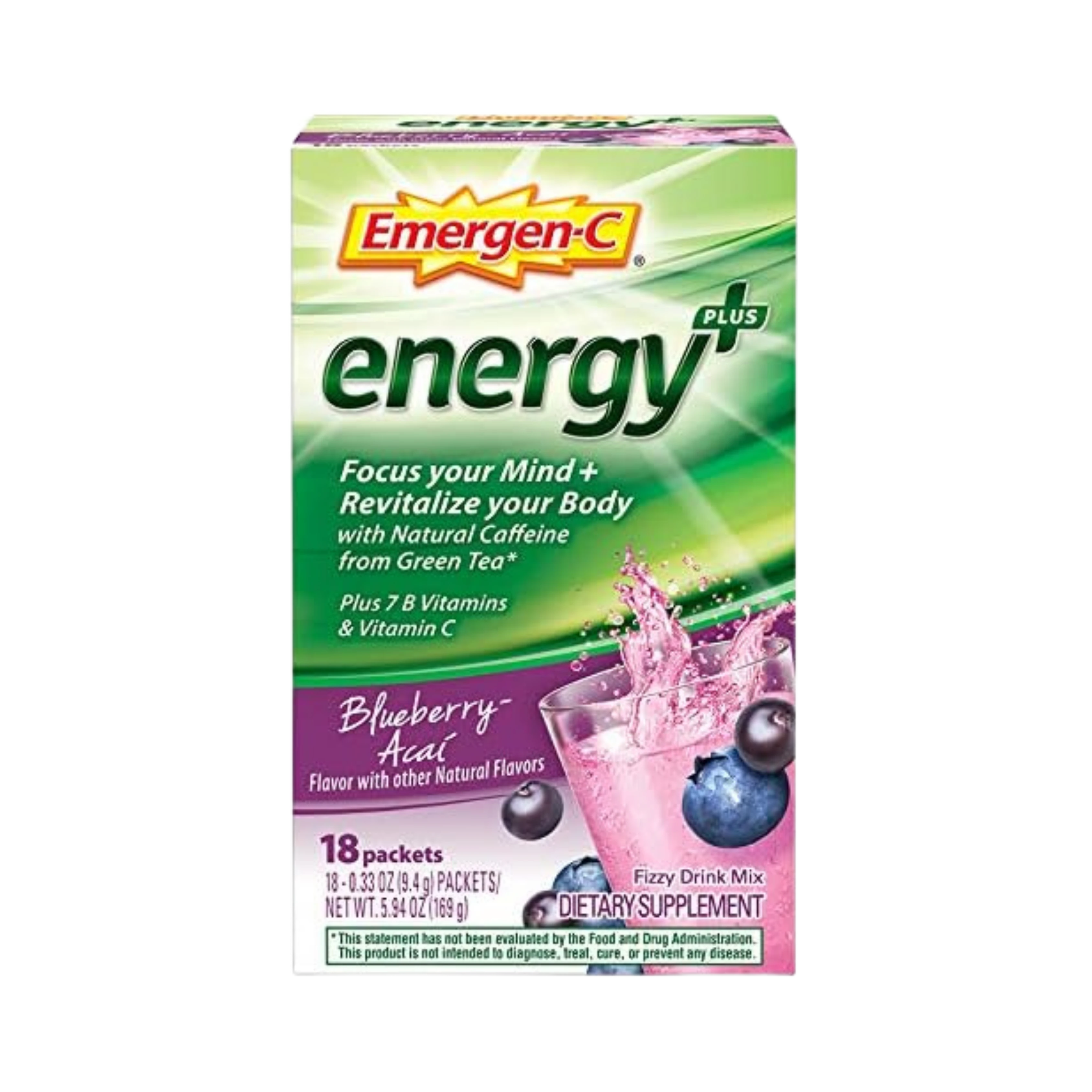 Emergen-C Energy+, With B Vitamins, Vitamin C And Natural Caffeine From Green Tea (Blueberry Acai Flavor) ,Pack of 18