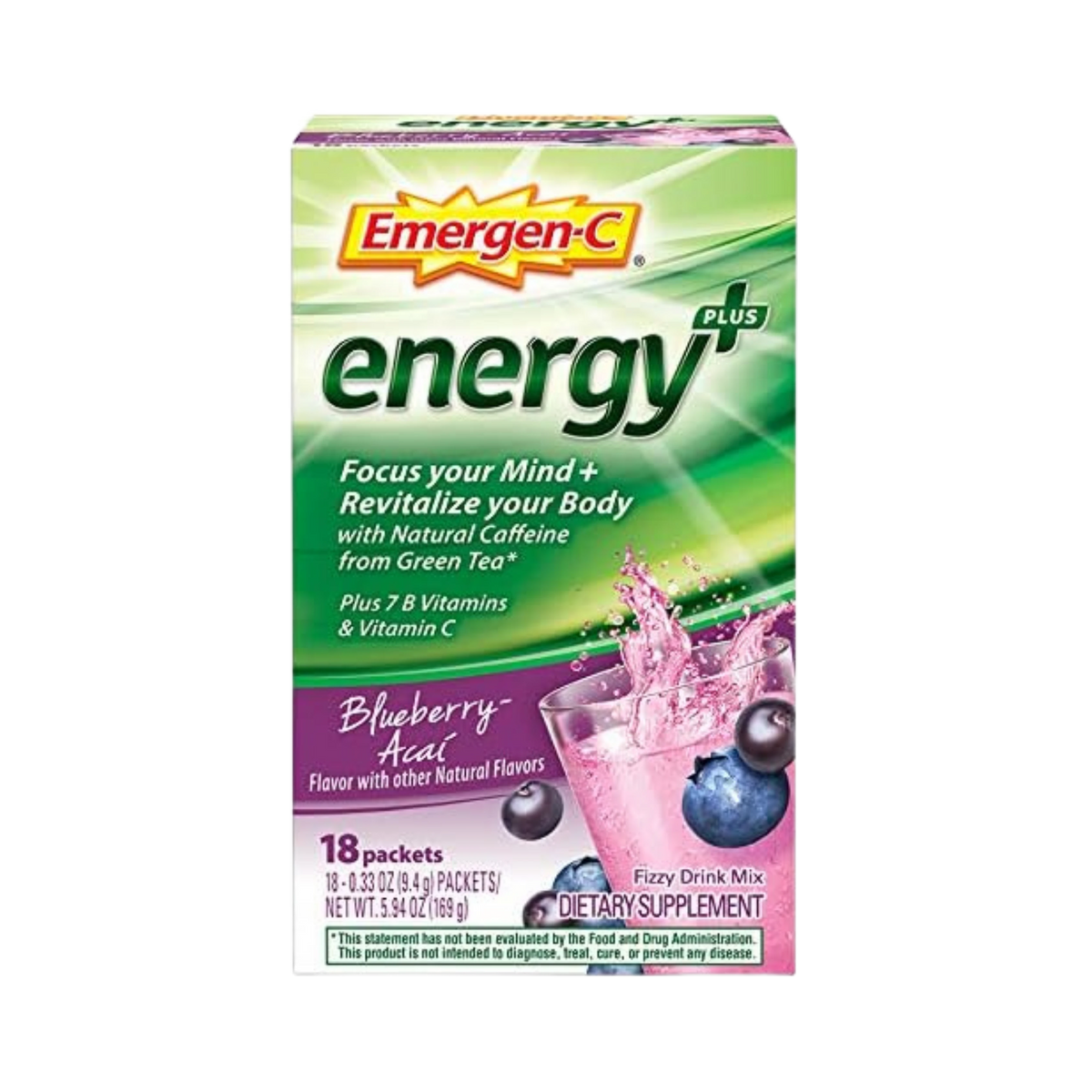 Emergen-C Energy+, With B Vitamins, Vitamin C And Natural Caffeine From Green Tea (Blueberry Acai Flavor) ,Pack of 18