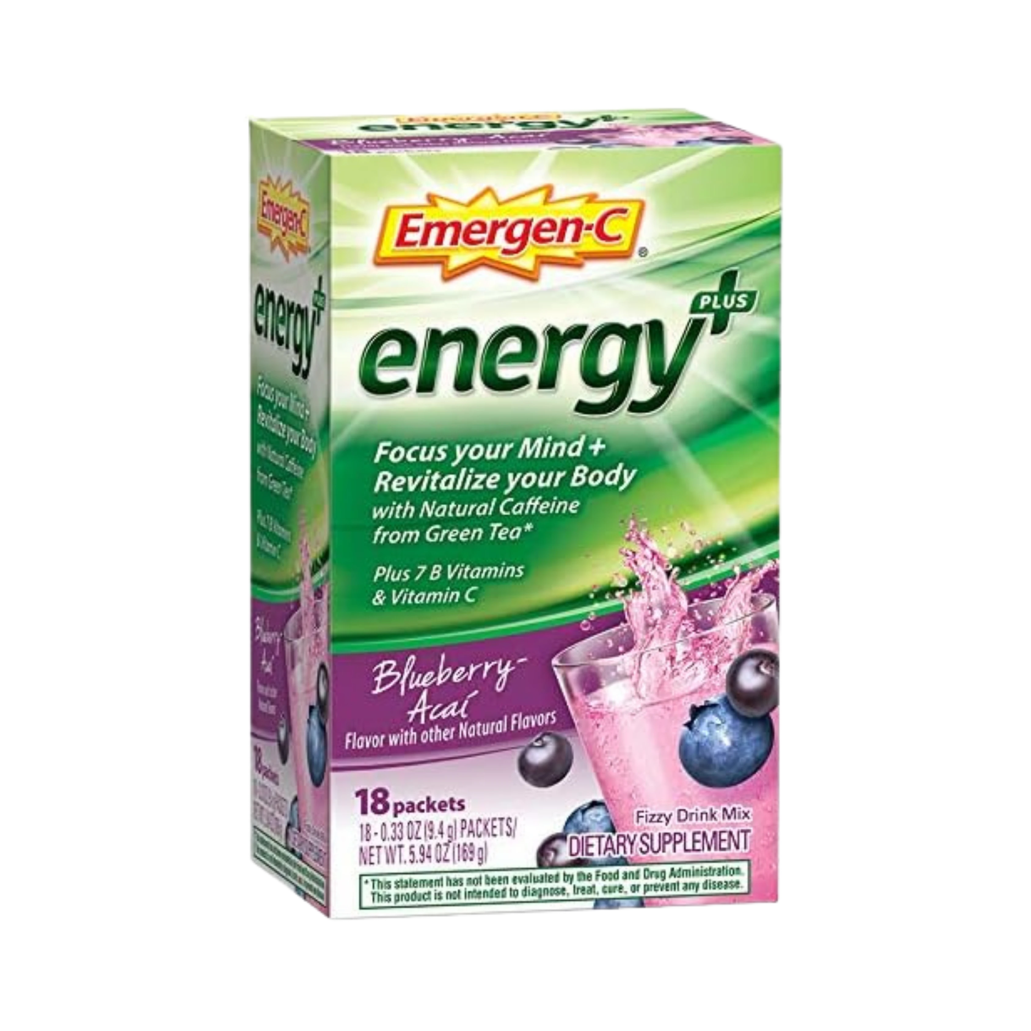 Emergen-C Energy+, With B Vitamins, Vitamin C And Natural Caffeine From Green Tea (Blueberry Acai Flavor) ,Pack of 18