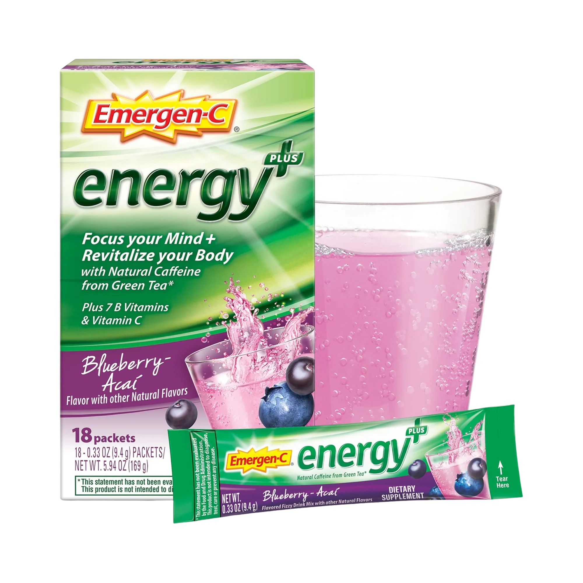 Emergen-C Energy+, With B Vitamins, Vitamin C And Natural Caffeine From Green Tea (Blueberry Acai Flavor) ,Pack of 18