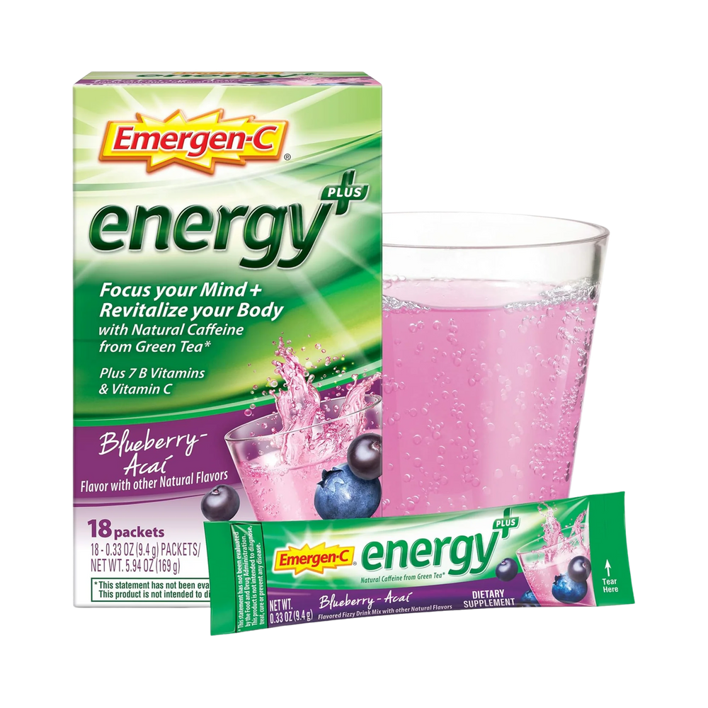 Emergen-C Energy+, With B Vitamins, Vitamin C And Natural Caffeine From Green Tea (Blueberry Acai Flavor) ,Pack of 18