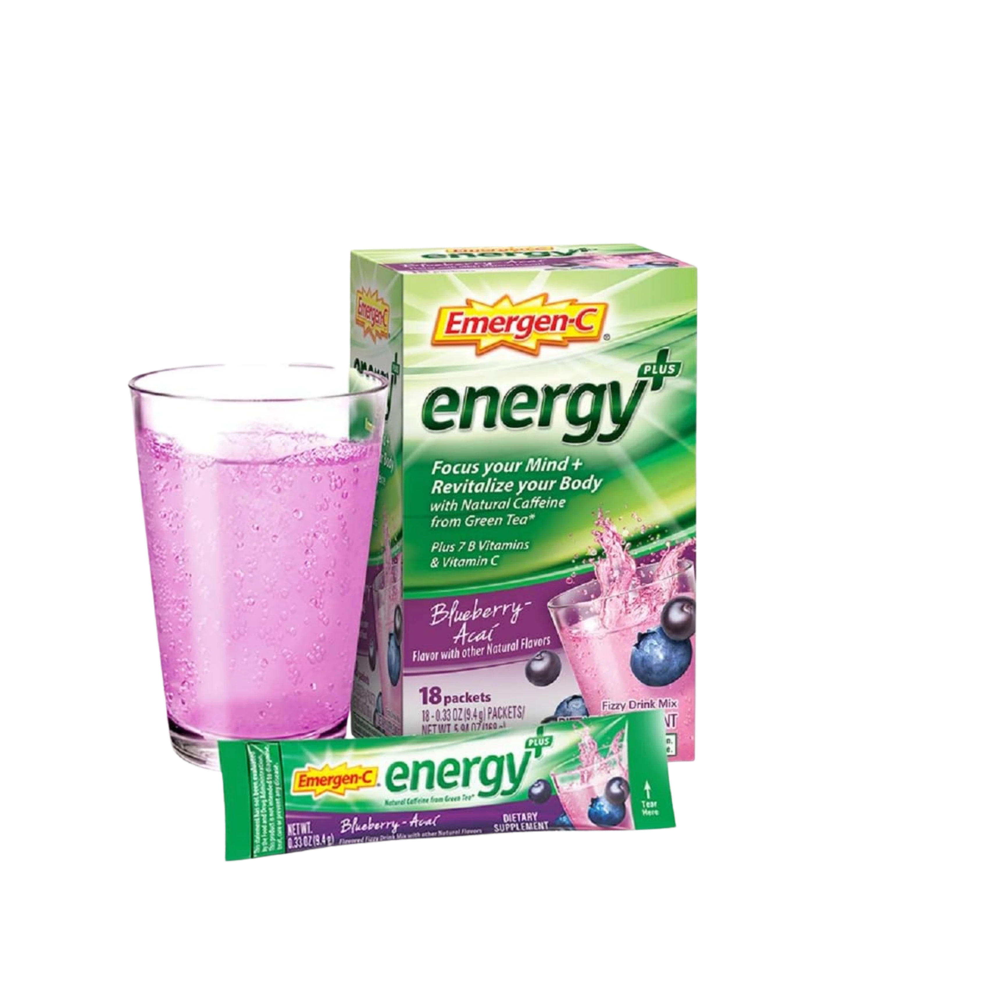 Emergen-C Energy+, With B Vitamins, Vitamin C And Natural Caffeine From Green Tea (Blueberry Acai Flavor) ,Pack of 18