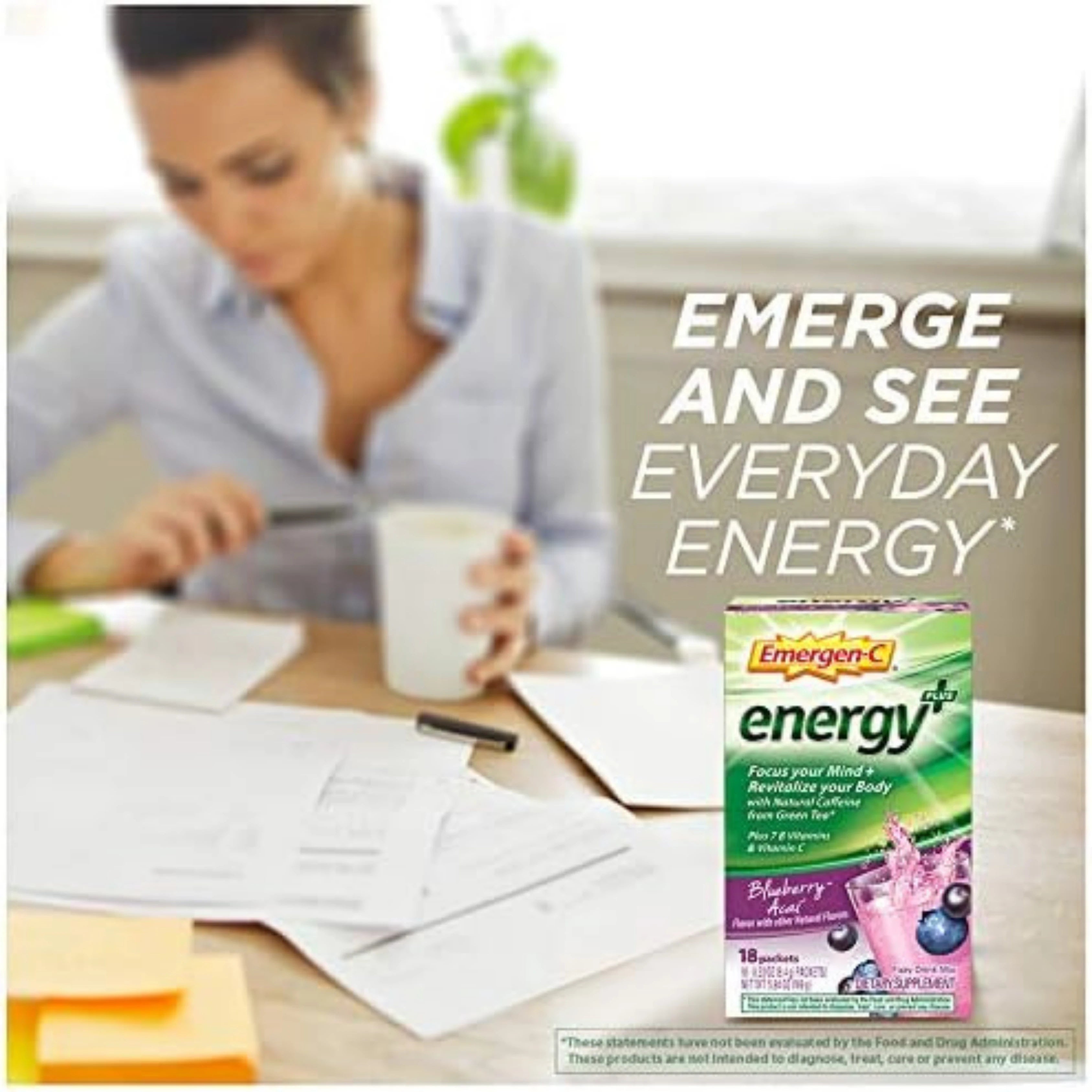 Emergen-C Energy+, With B Vitamins, Vitamin C And Natural Caffeine From Green Tea (Blueberry Acai Flavor) ,Pack of 18