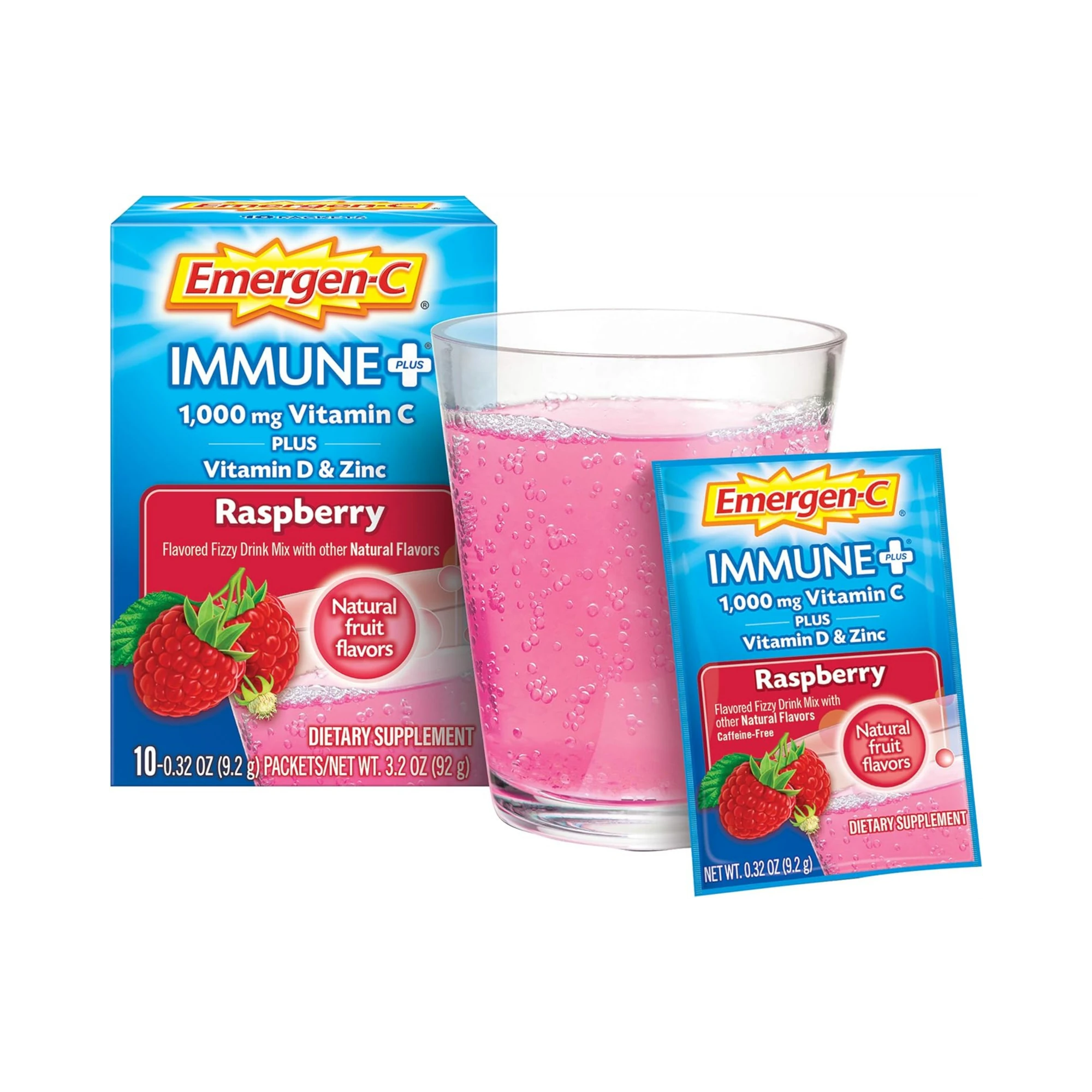 Emergen-C, Immune+ Vitamin C Powder, Raspberry Flavor, 1000 Mg, 10 Count