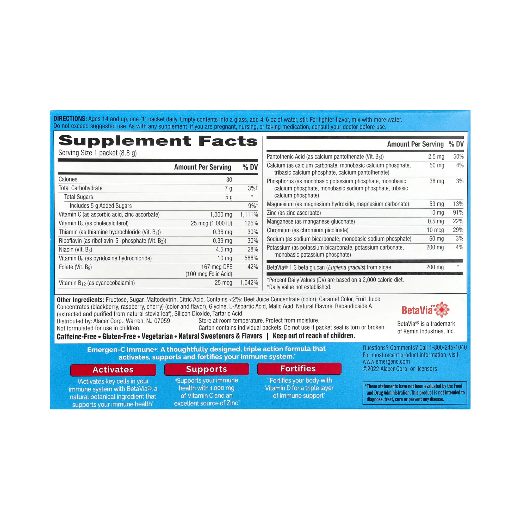 Emergen-C, Immune+ Vitamin C + Vitamin D & Zinc, Raspberry, 30 Packets, 0.31 Oz