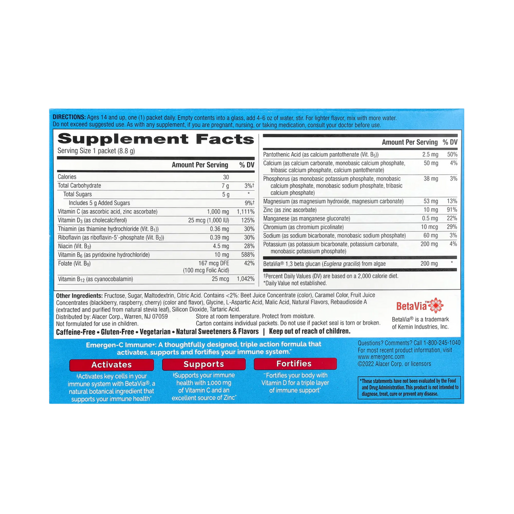 Emergen-C, Immune+ Vitamin C + Vitamin D & Zinc, Raspberry, 30 Packets, 0.31 Oz