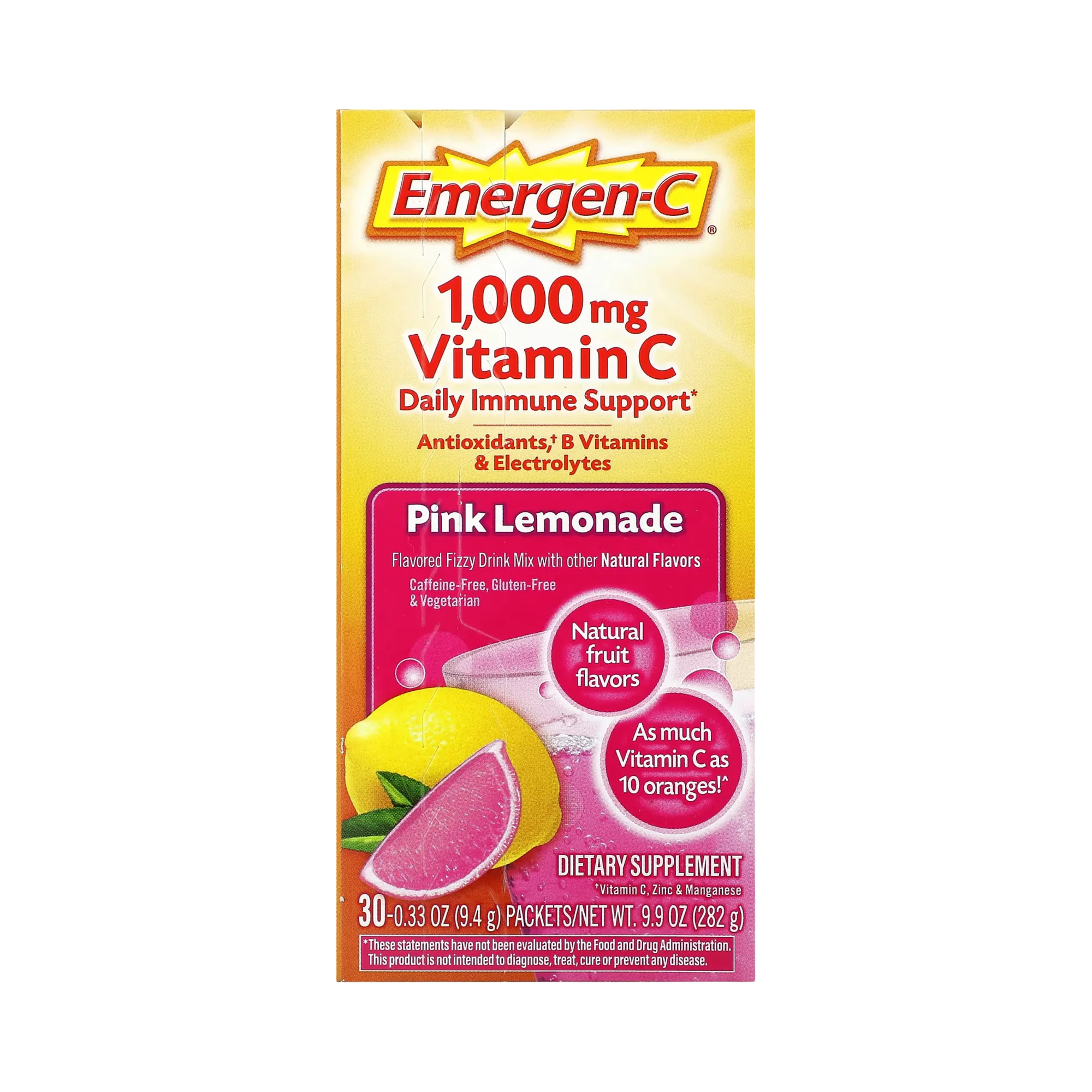 Emergen-C, Vitamin C, Pink Lemonade, 1,000 Mg, 30 Packets, 0.33 Oz
