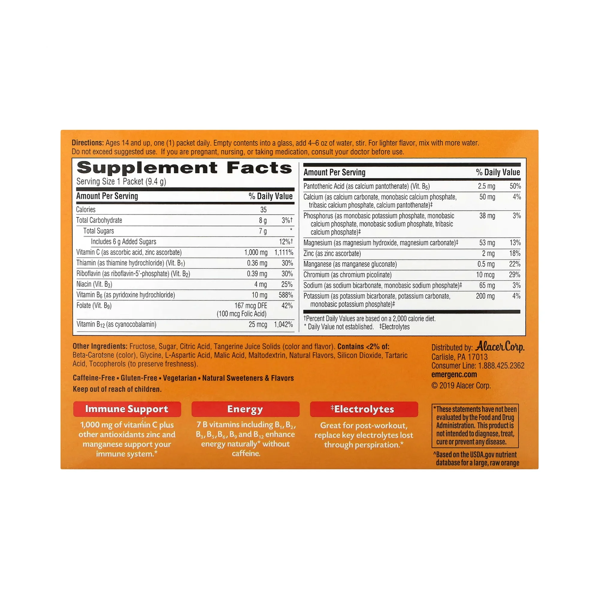 Emergen-C, Vitamin C, Tangerine, 1,000 Mg, 30 Packets, 0.33 Oz