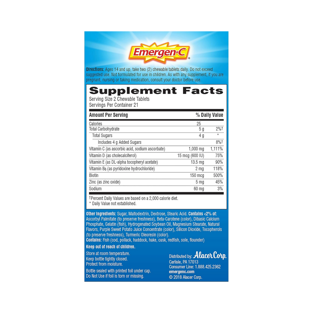 Emergen-C, Vitamin C with Vitamin D Chewable Tablets, 1000 Mg, 42 Count