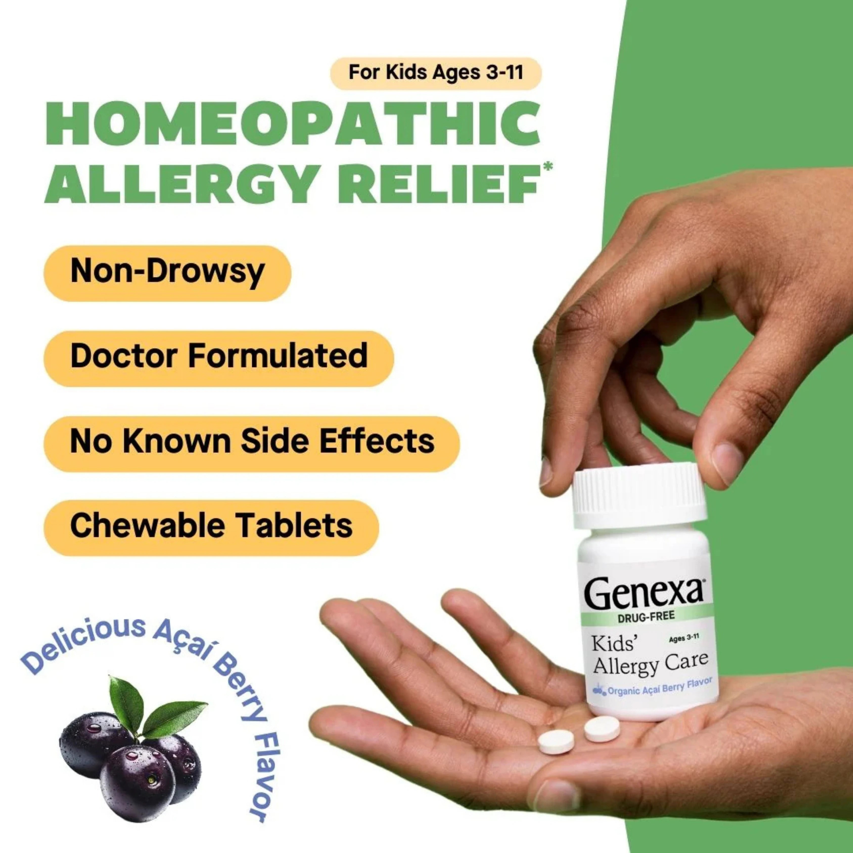 Genexa, Kids' Allergy Care, Age 3-11, Organic Acai Berry, 60 Chewable Tablets