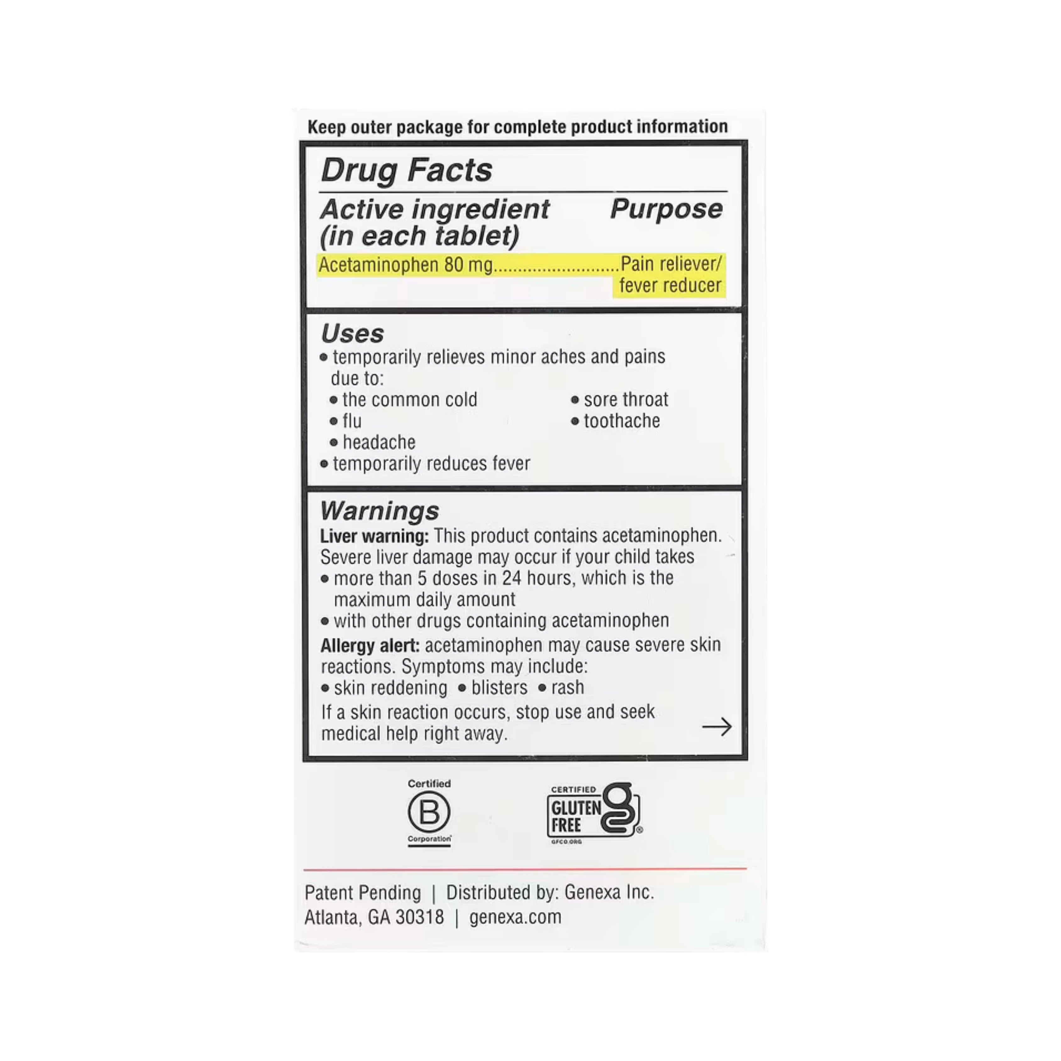 Genexa, Kids' Pain & Fever, Ages 2-11, Grape, 80 mg, 24 Chewable Tablets