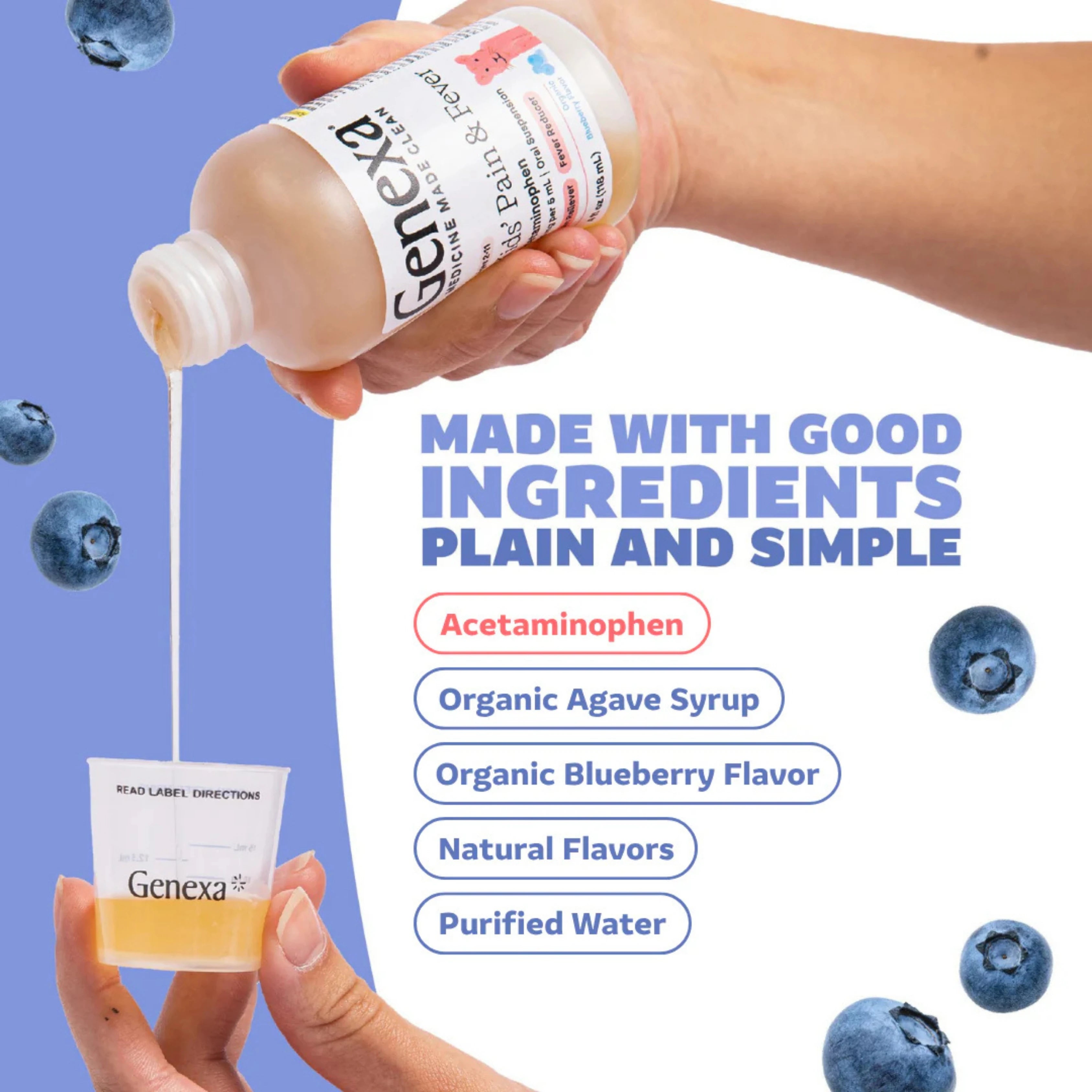 Genexa, Kids' Pain & Fever, Ages 2-11, Organic Blueberry, 160 mg, 4 fl oz (118 ml)