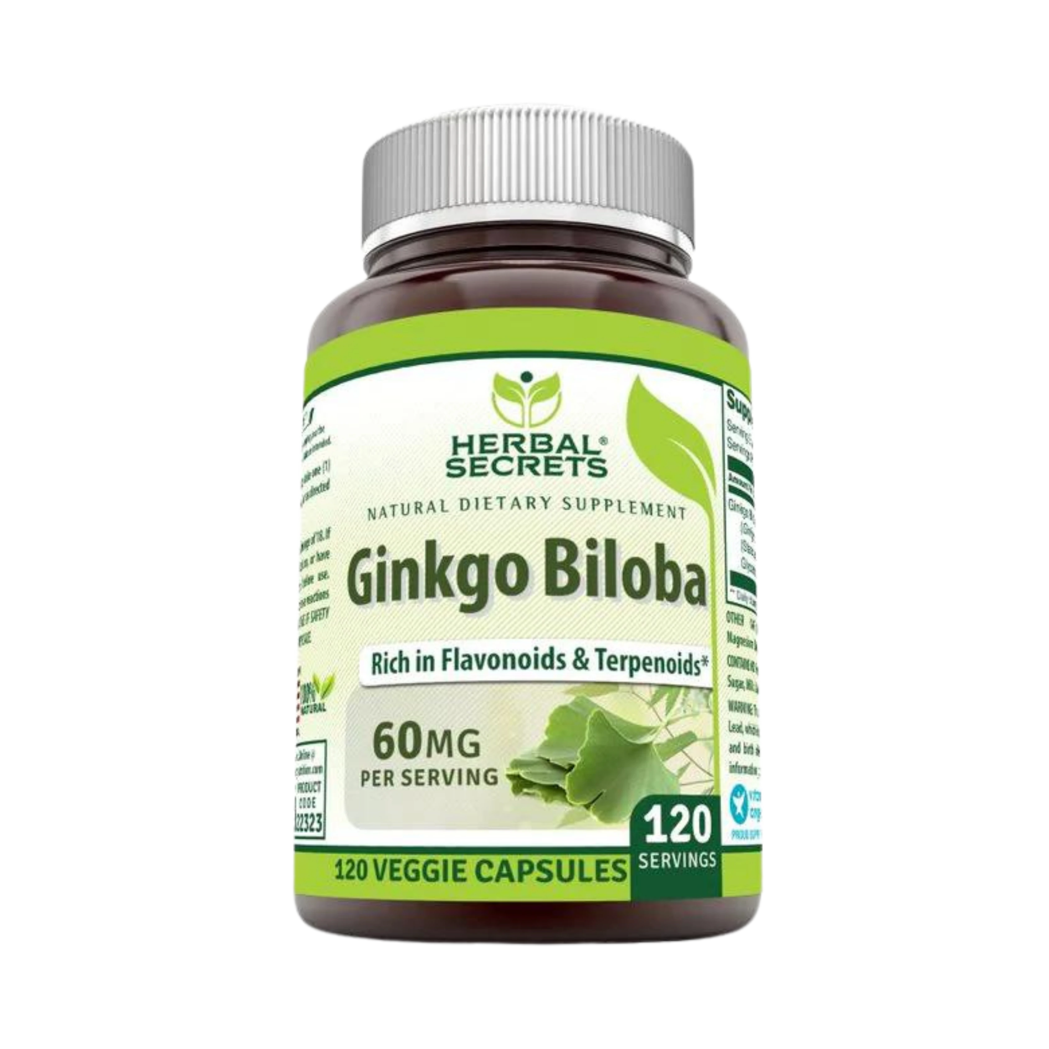 Herbal Secrets, Ginkgo Biloba Supplement, 60 Mg, 120 Veggie Capsules