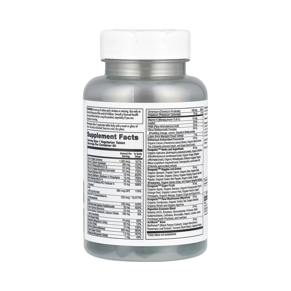 KAL, Enhanced Energy, Once Daily Whole Food Multivitamin, Iron Free, 60 Vegetarian Tablets