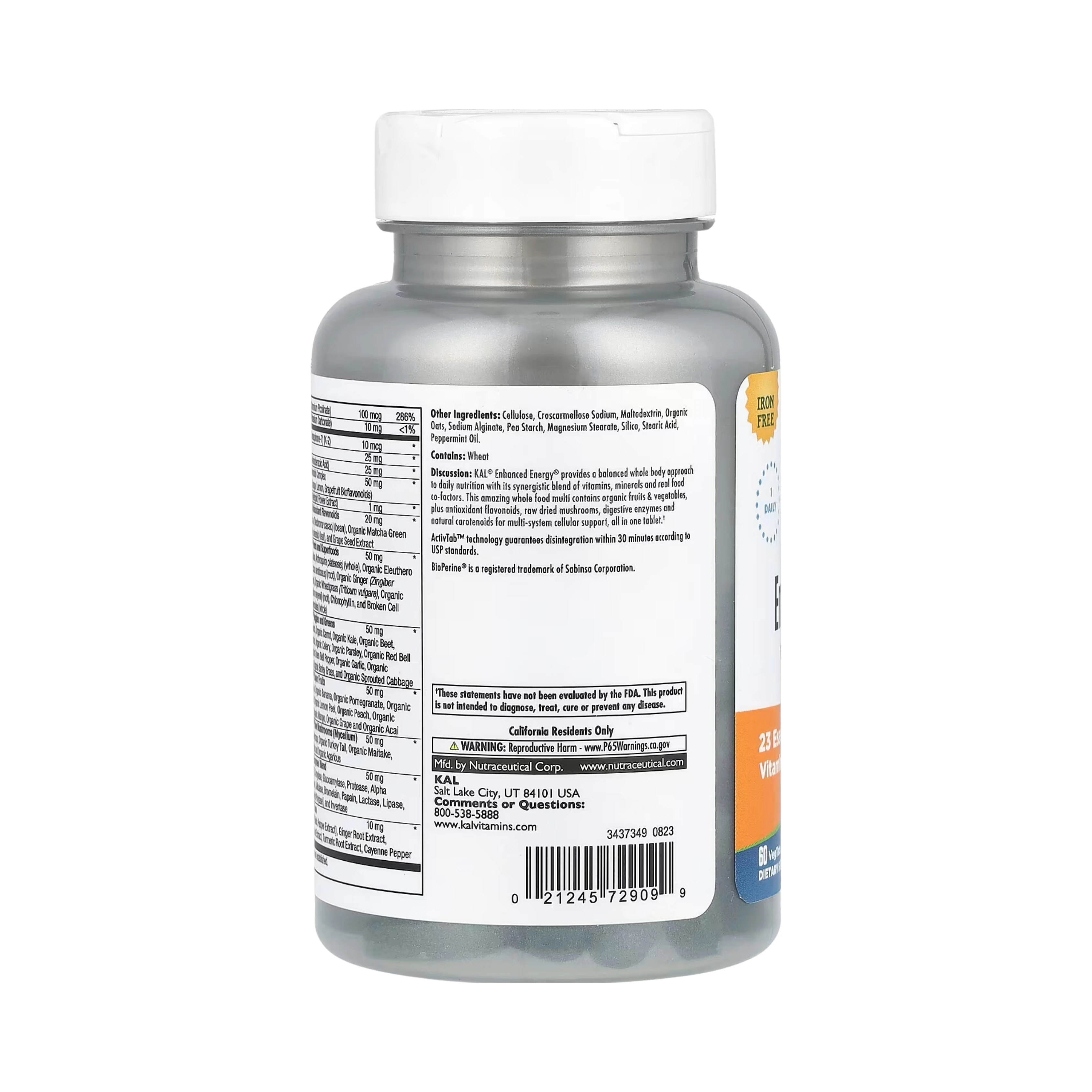 KAL, Enhanced Energy, Once Daily Whole Food Multivitamin, Iron Free, 60 Vegetarian Tablets