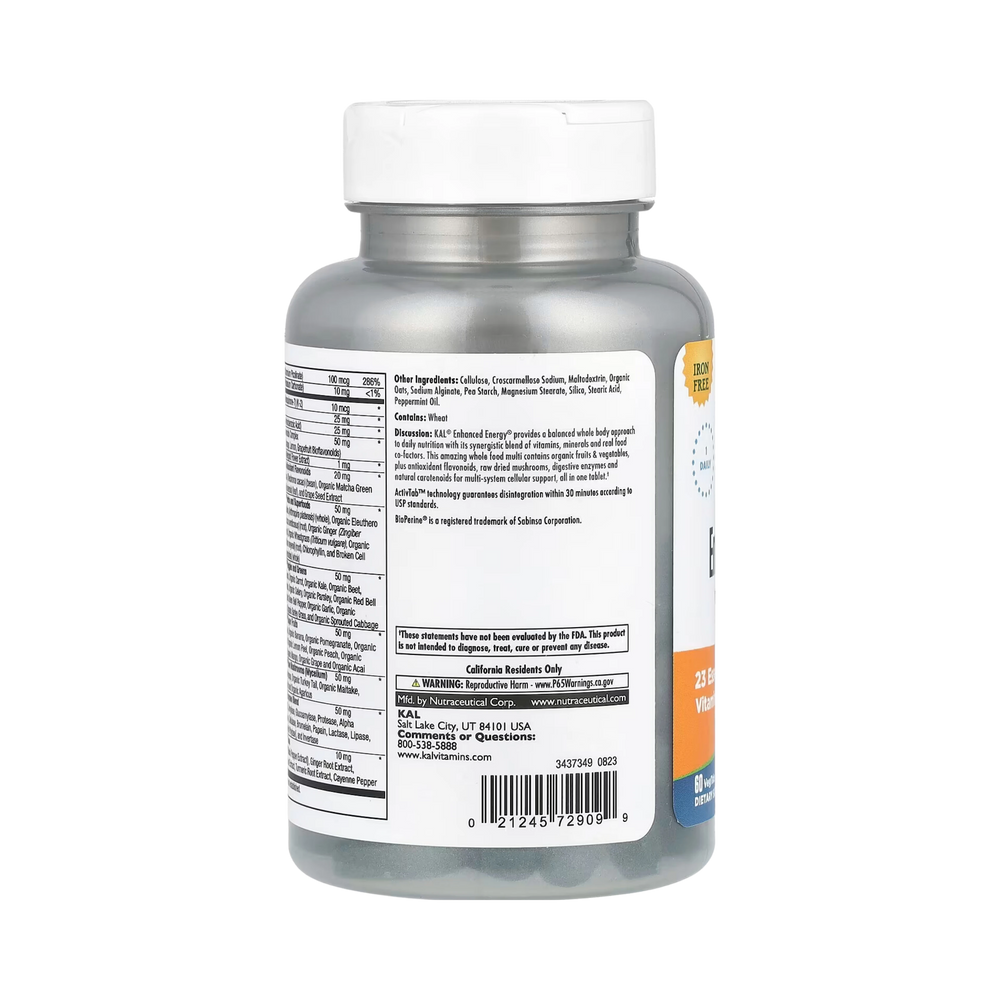 KAL, Enhanced Energy, Once Daily Whole Food Multivitamin, Iron Free, 60 Vegetarian Tablets