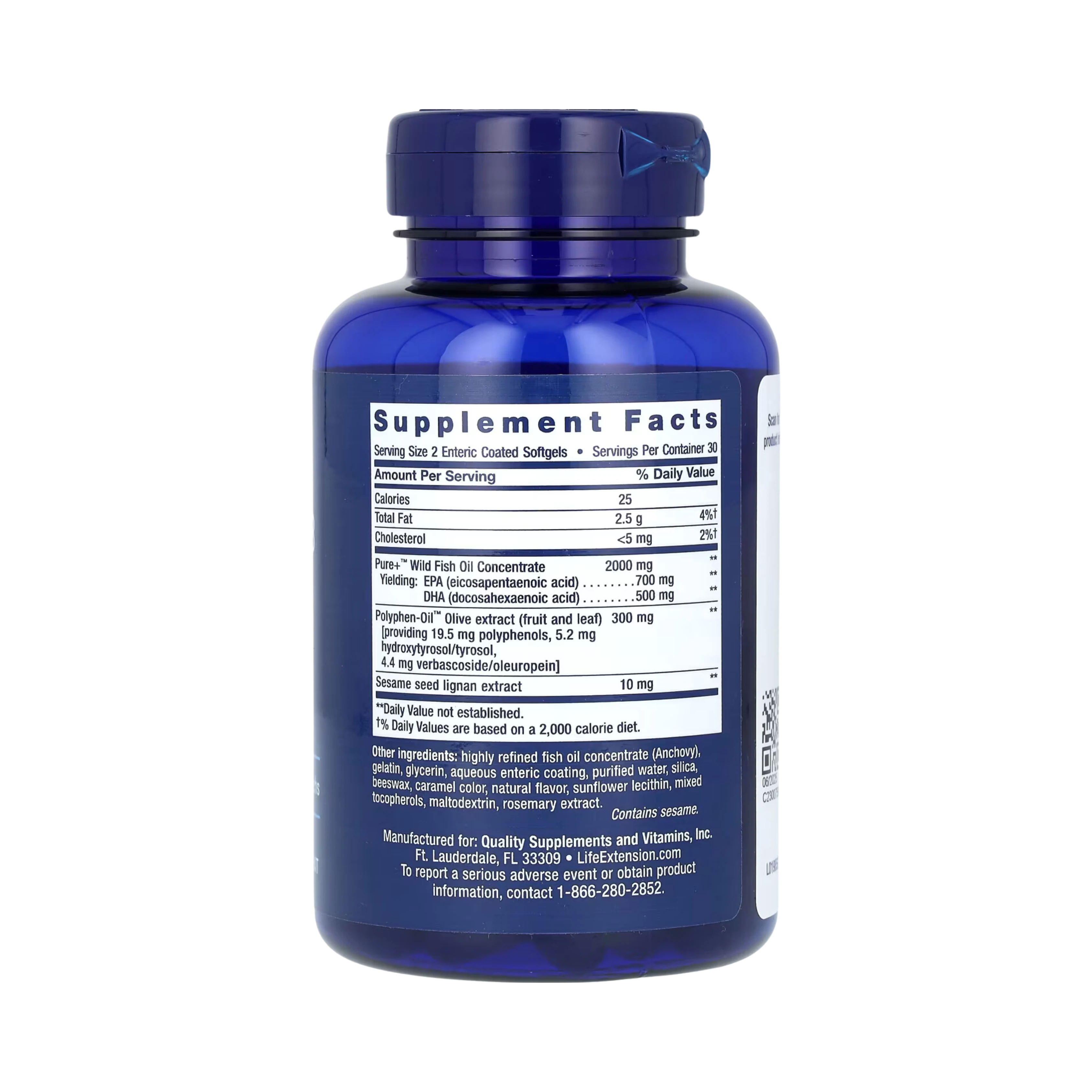 Life Extension, Super Omega-3 EPA/DHA Fish Oil, Sesame Lignans & Olive Extract, 60 Enteric Coated Softgels
