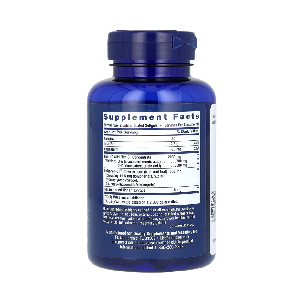 Life Extension, Super Omega-3 EPA/DHA Fish Oil, Sesame Lignans & Olive Extract, 60 Enteric Coated Softgels