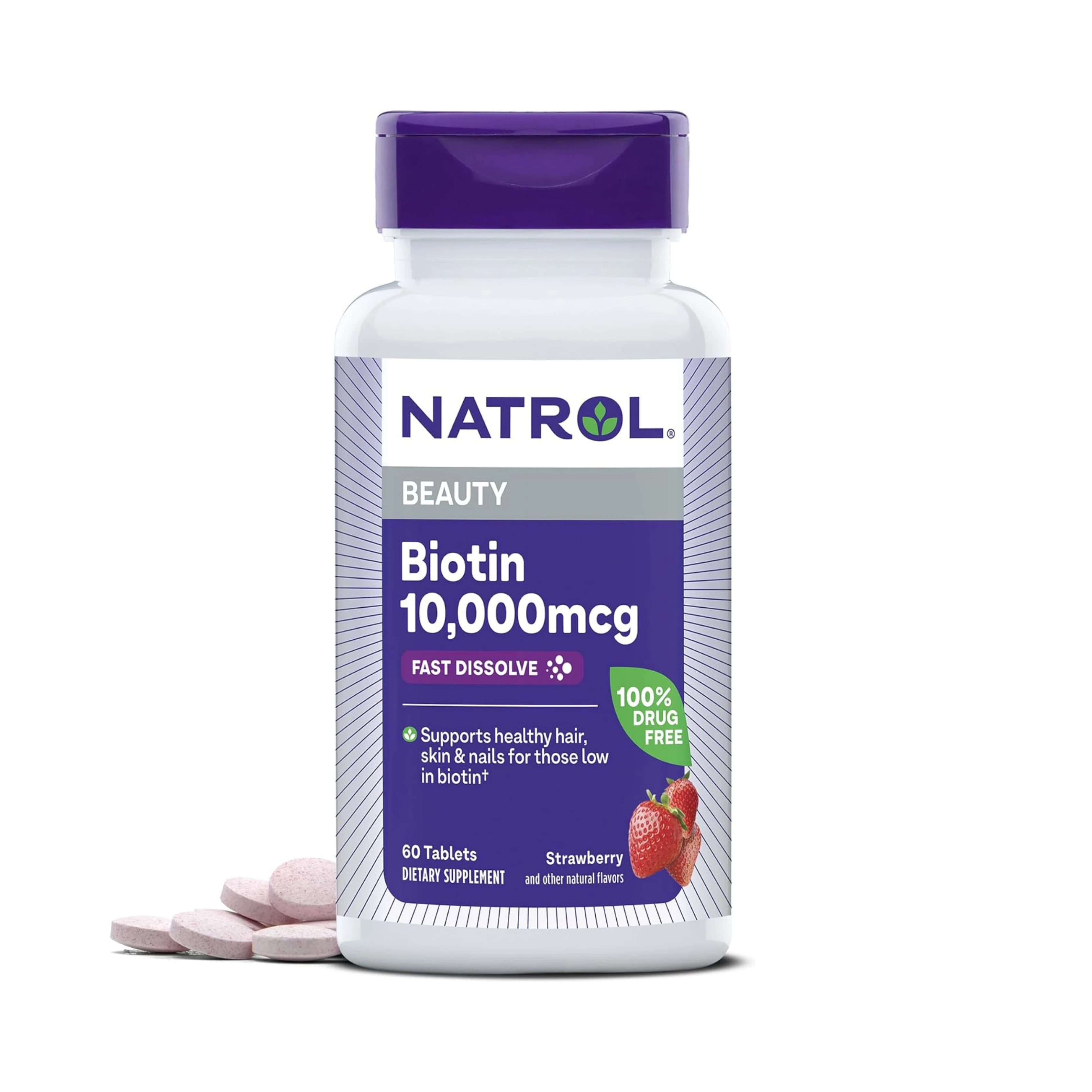 Natrol, Biotin, Fast Dissolve, Maximum Strength, Strawberry, 10,000 mcg, 60 Tablets