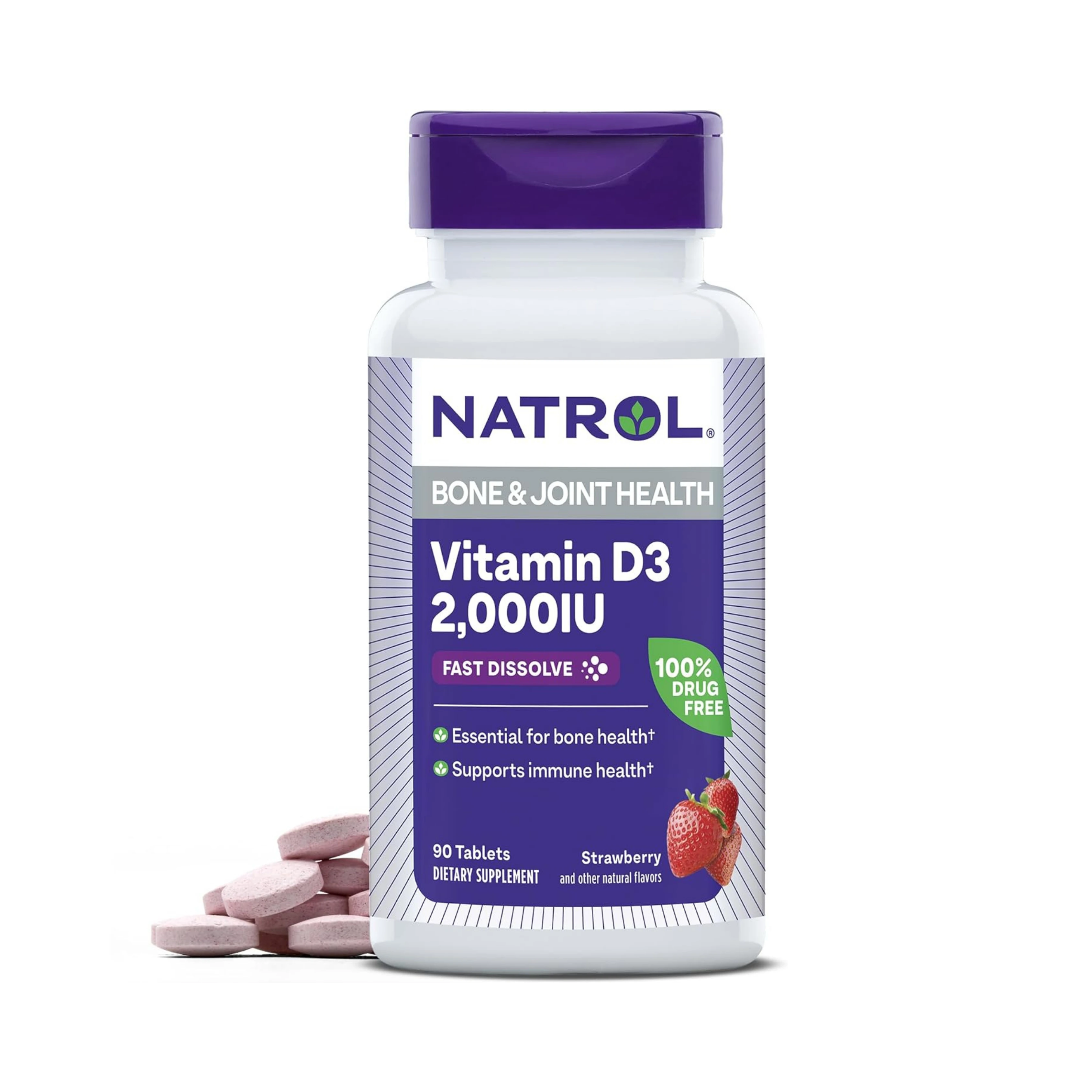 Natrol, Vitamin D3, Bone & Joint Health, Strawberry , 2,000 IU, 90 Tablets