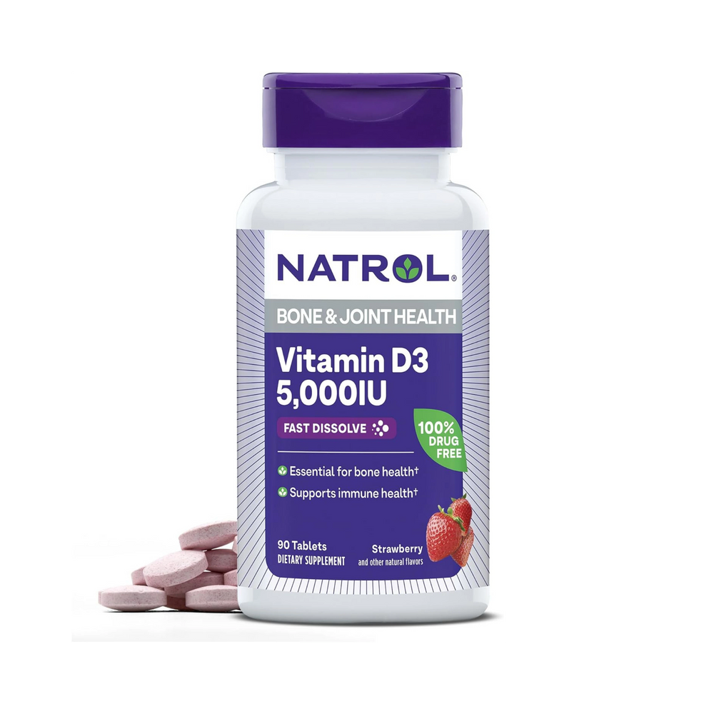 Natrol, Vitamin D3, Bone & Joint Health, Strawberry Natural Flavor, 5,000 IU, 90 Tablets