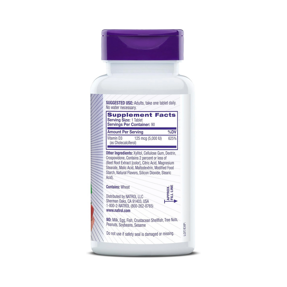 Natrol, Vitamin D3, Bone & Joint Health, Strawberry Natural Flavor, 5,000 IU, 90 Tablets