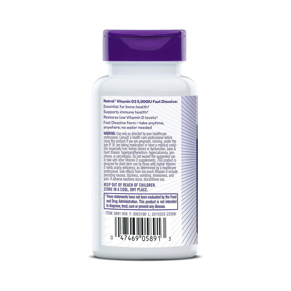 Natrol, Vitamin D3, Bone & Joint Health, Strawberry Natural Flavor, 5,000 IU, 90 Tablets