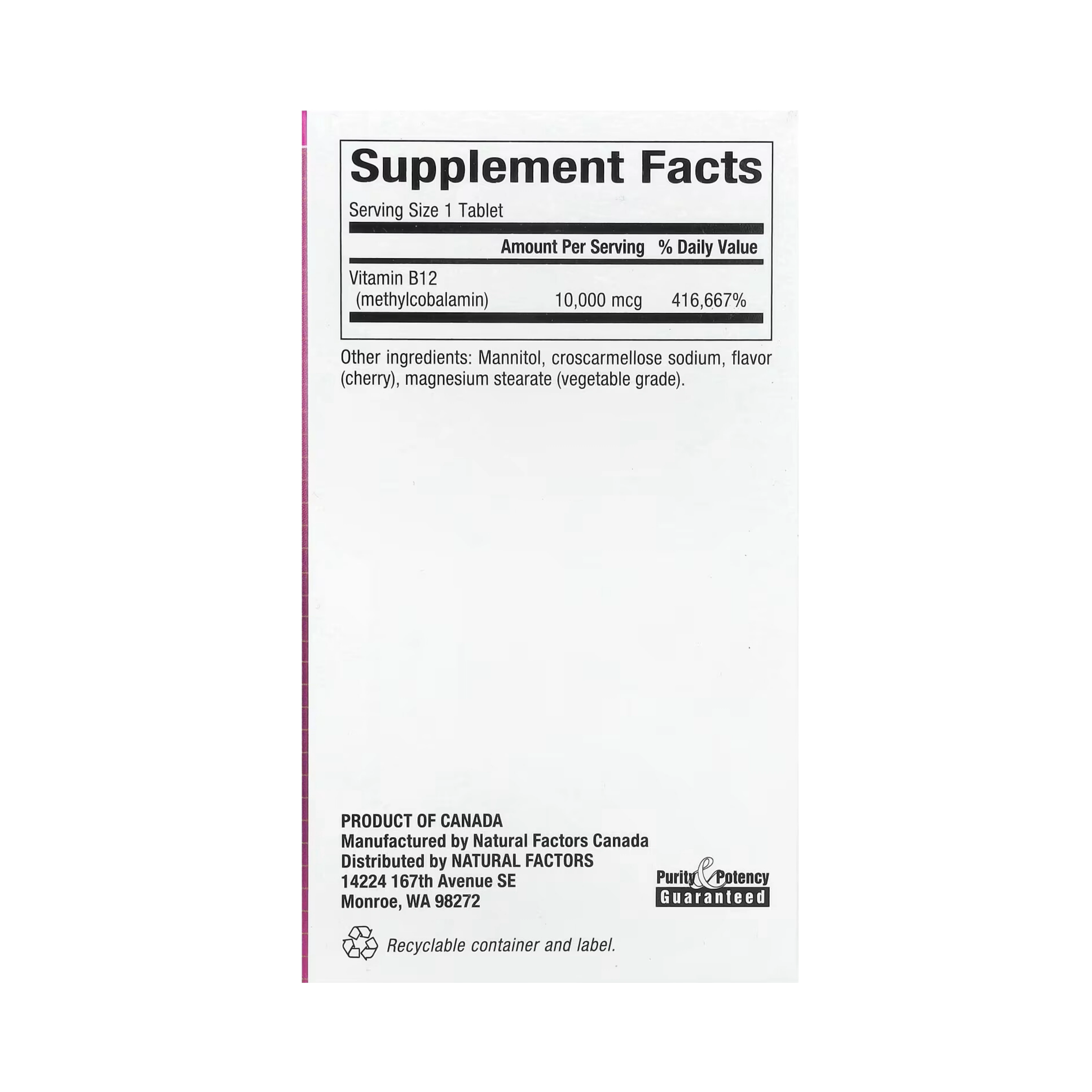 Natural Factors, B12 Methylcobalamin, Cherry, 10,000 mcg, 30 Chewable Tablets
