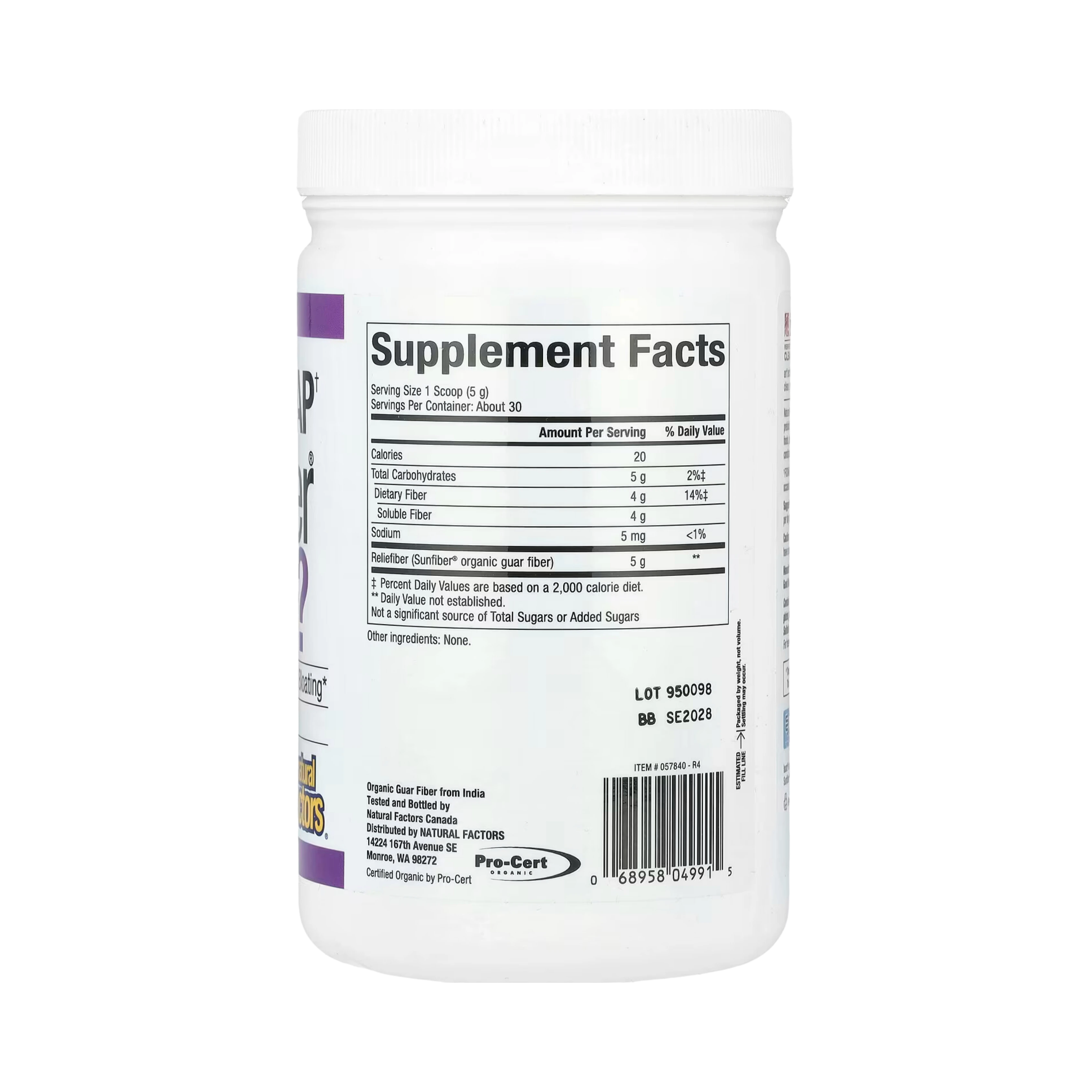 Natural Factors, Organic Low Fodmap† Reliefiber, Unflavored, 5.3 Oz