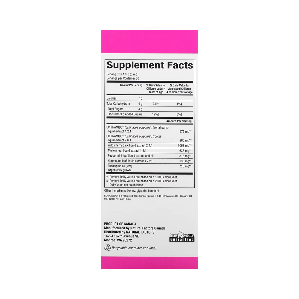 Natural Factors, Patented Echinamide Active Support, Honey Lemon Syrup, 5 Fl Oz