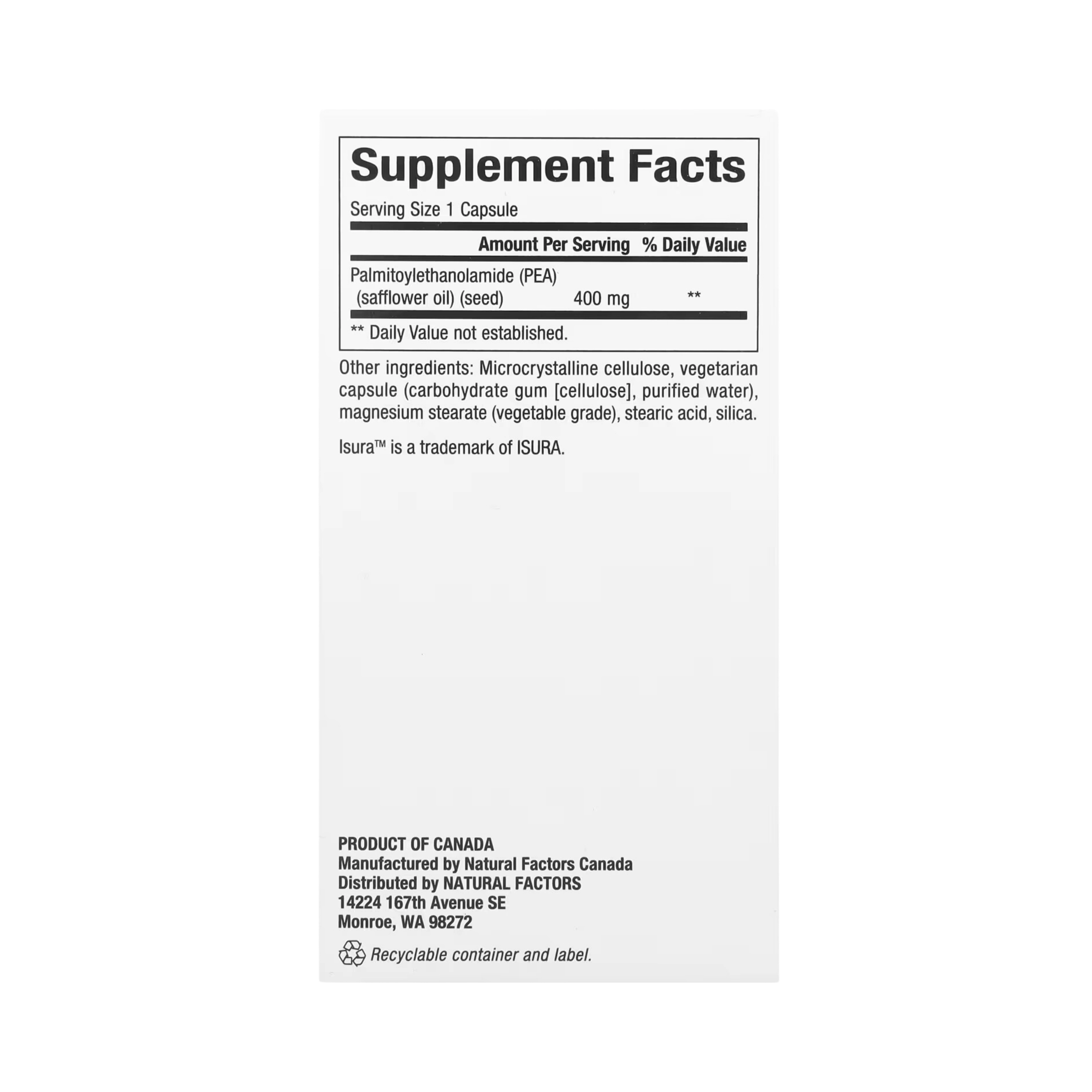 Natural Factors, PEA400, (Palmitoylethanolamide), 90 Vegetarian Capsules