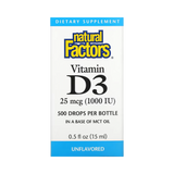Natural Factors, Vitamin D3 Drops, Unflavored, 25 mcg (1,000 IU), 0.5 fl oz (15 ml)