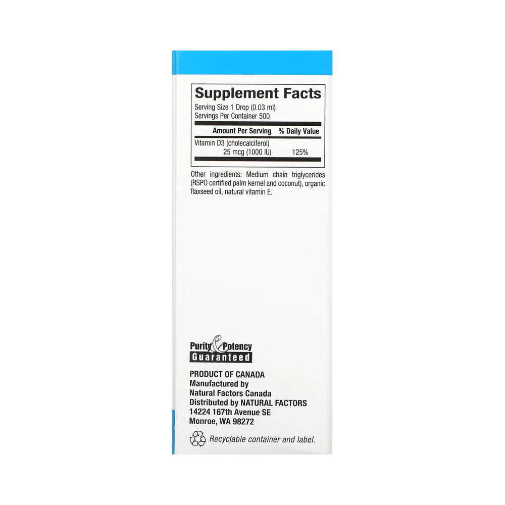 Natural Factors, Vitamin D3 Drops, Unflavored, 25 mcg (1,000 IU), 0.5 fl oz (15 ml)
