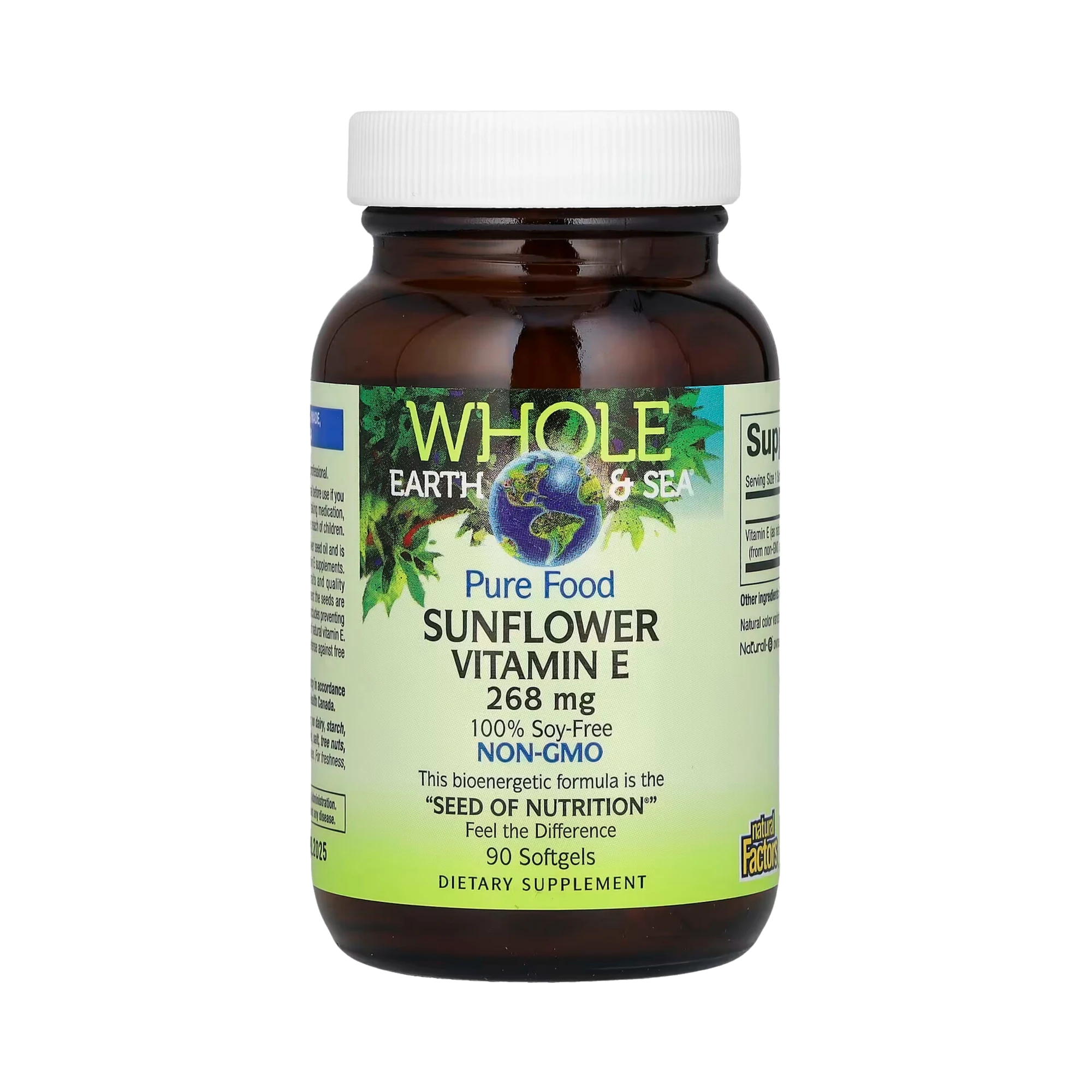 Natural Factors, Whole Earth & Sea, Pure Food, Sunflower Vitamin E, 268 Mg, 90 Softgels