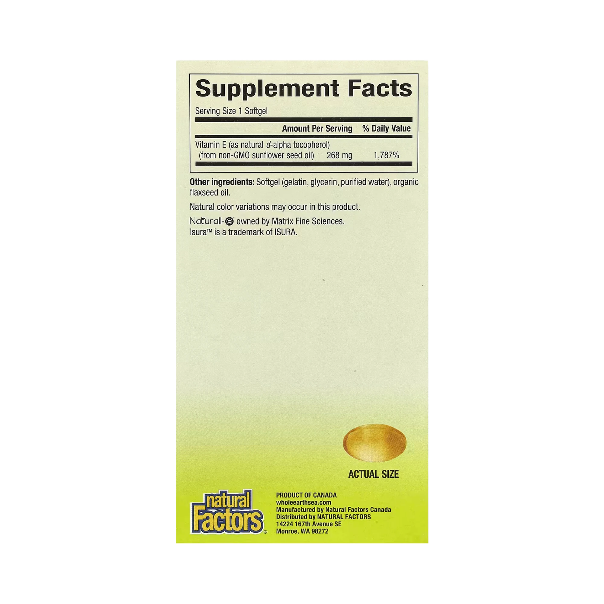 Natural Factors, Whole Earth & Sea, Pure Food, Sunflower Vitamin E, 268 Mg, 90 Softgels