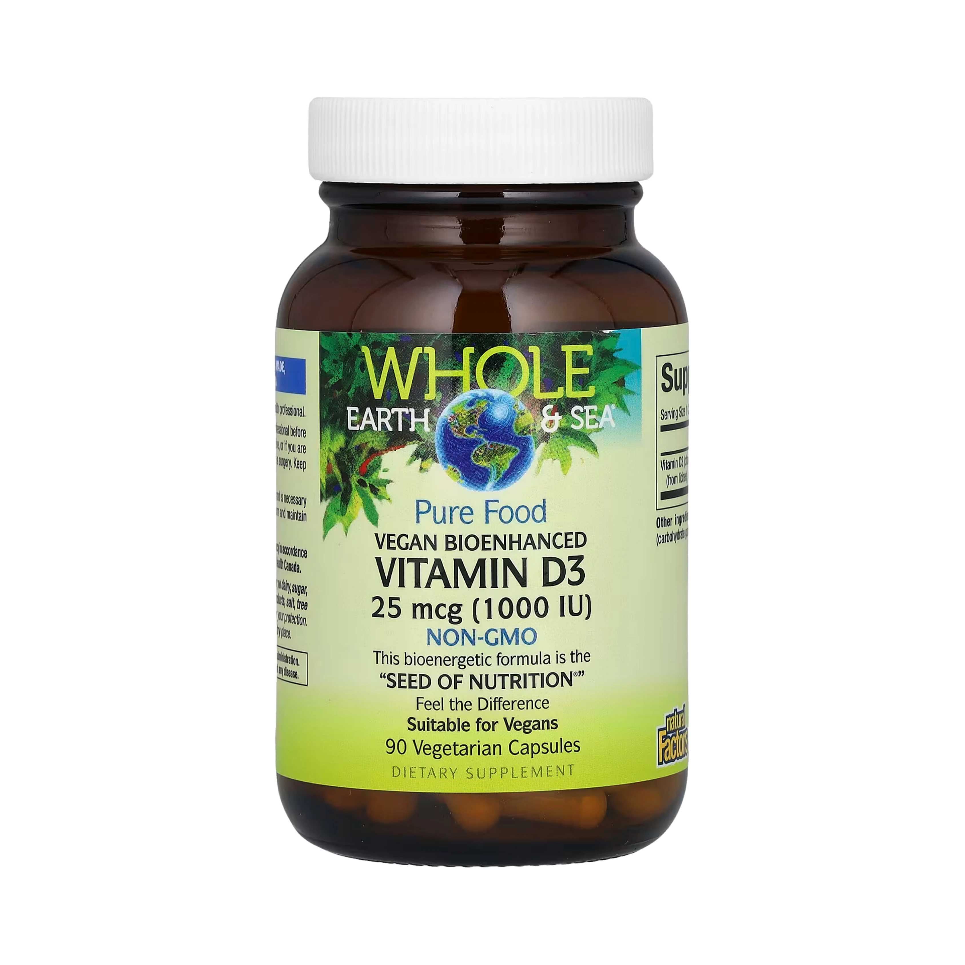 Natural Factors, Whole Earth & Sea, Vegan Bioenhanced Vitamin D3, 25 mcg (1,000 IU), 90 Vegetarian Capsules