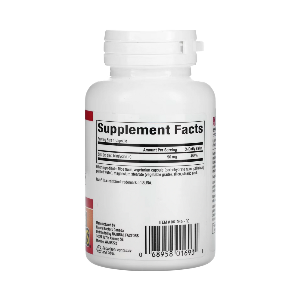 Natural Factors, Zinc Bisglycinate, 50 Mg, 60 Vegetarian Capsules