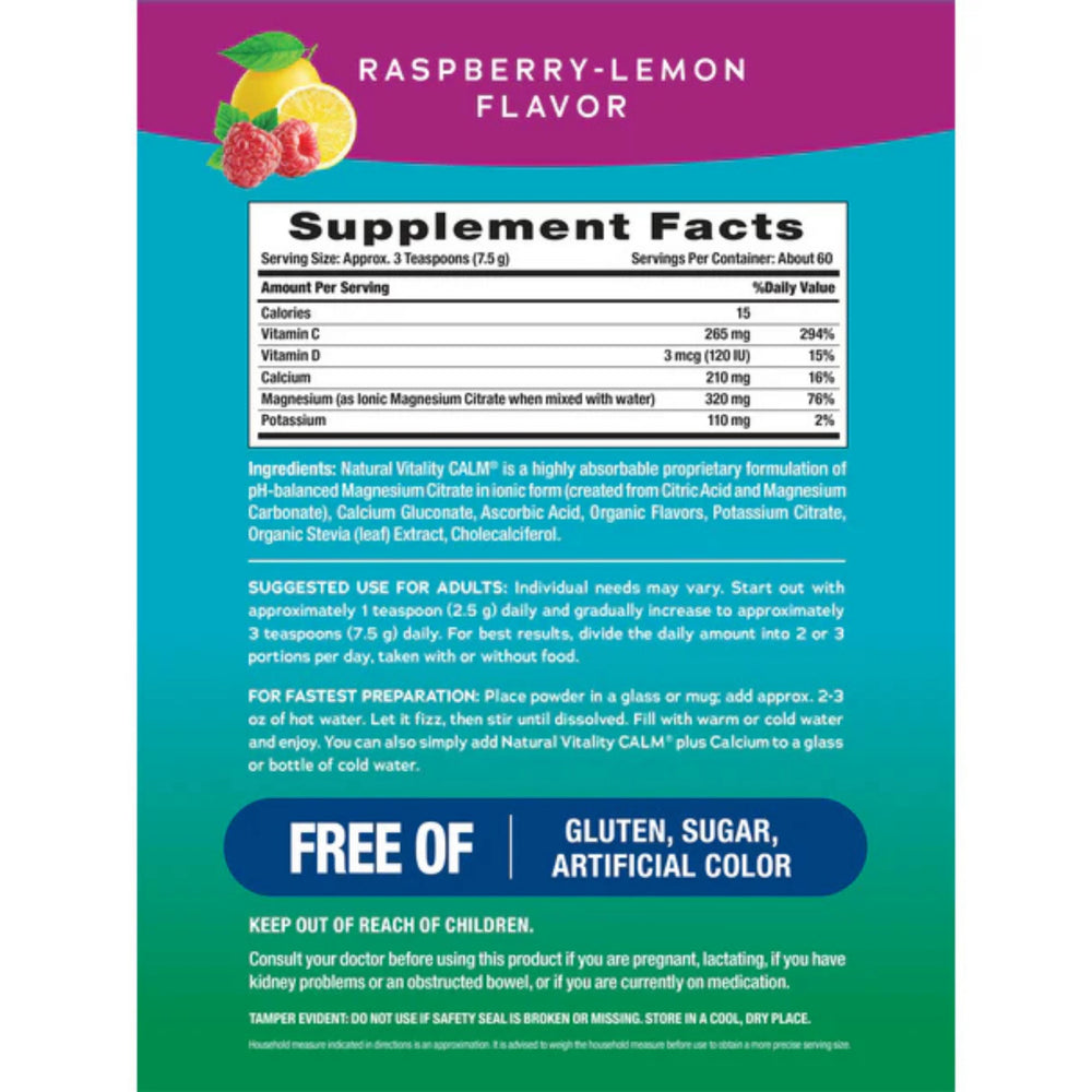 Natural Vitality, CALM, Plus Calcium, Drink Mix, Raspberry-Lemon, 16 oz , 453 g