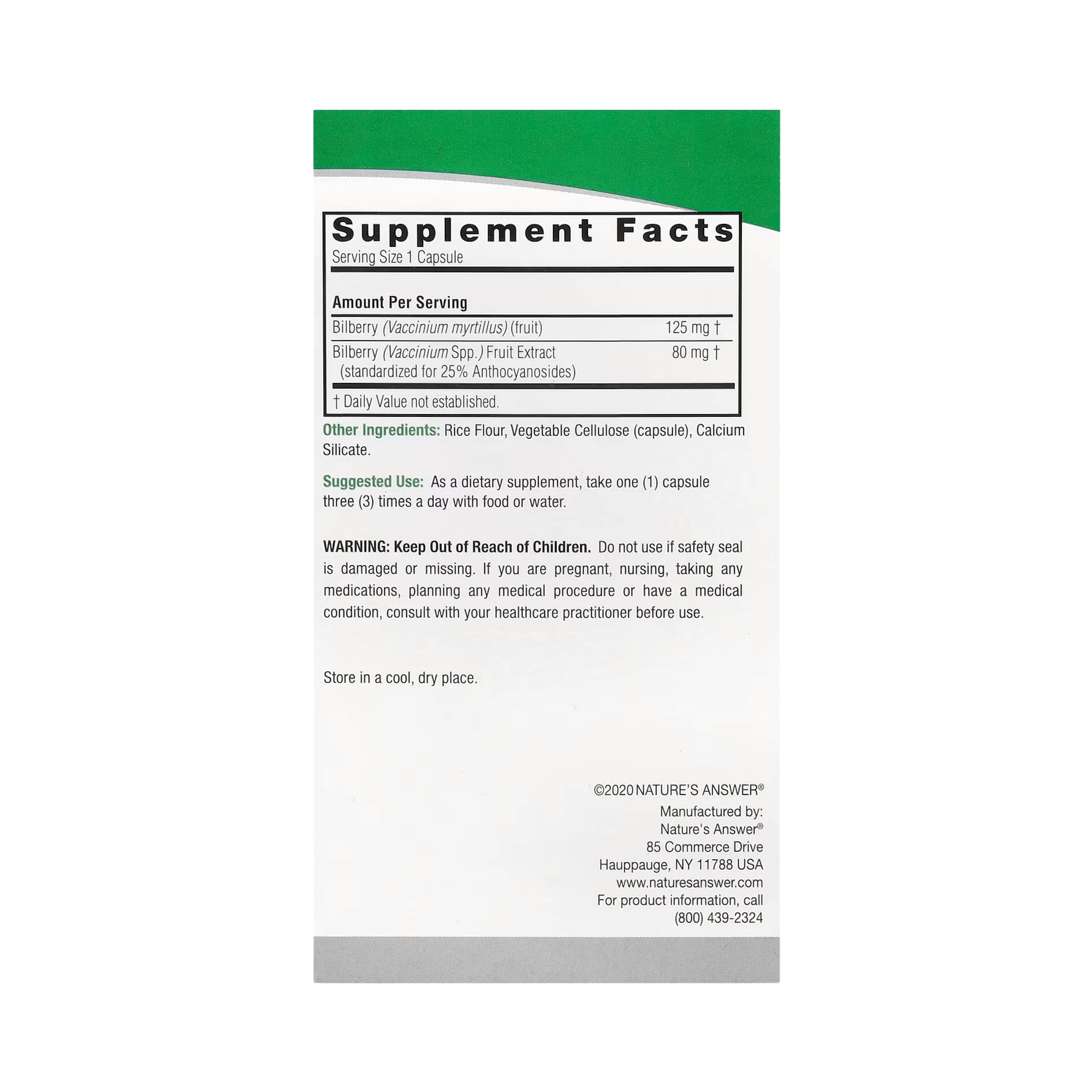 Nature’s Answer - Bilberry Standardized, 90 Capsules