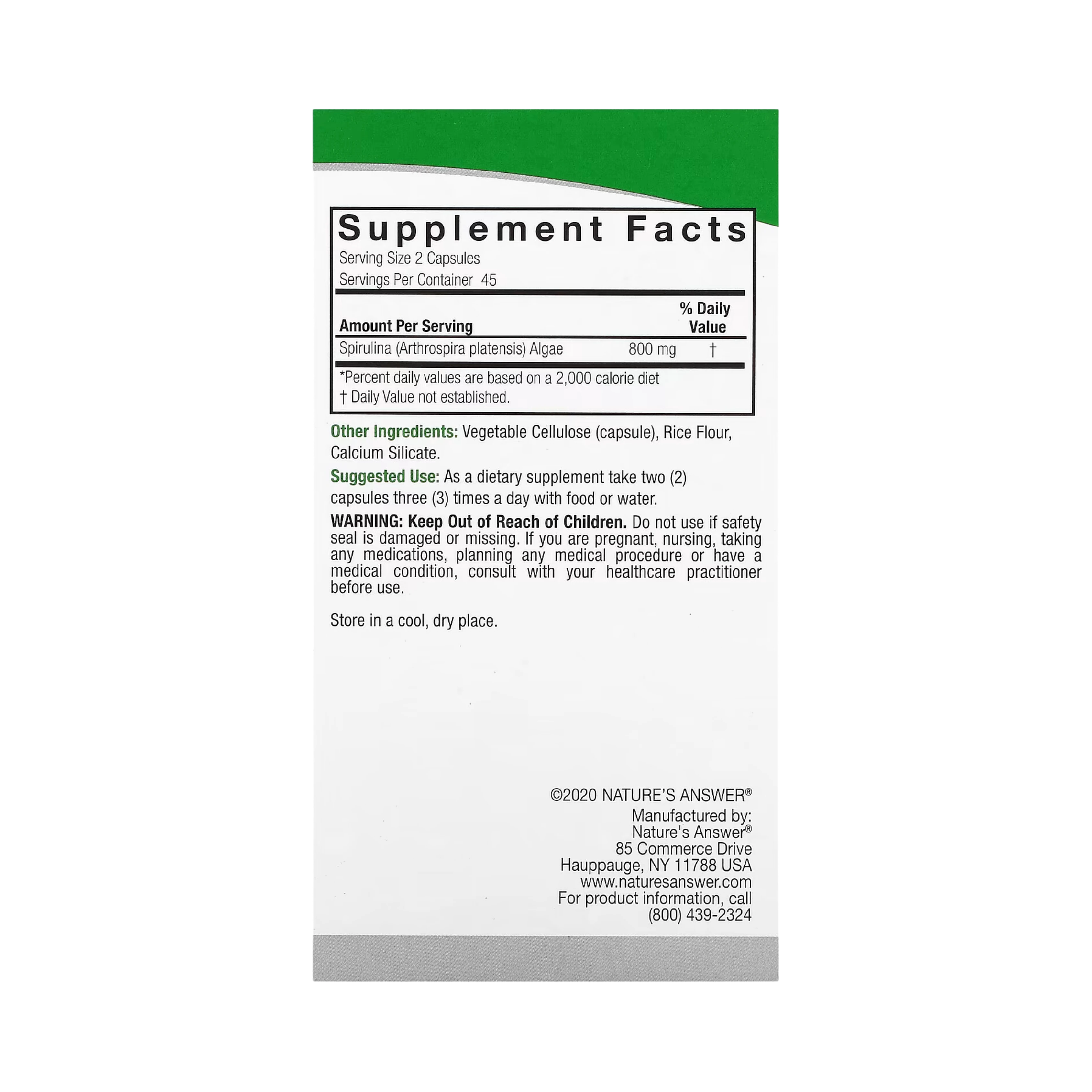 Nature's Answer - Spirulina, 90 Vegetarian Capsules