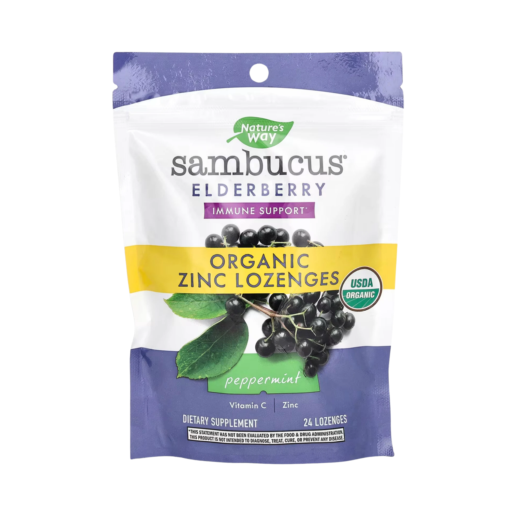 Nature's Way, Organic Sambucus Zinc Lozenges Peppermint Flavour, 24 Lozenges