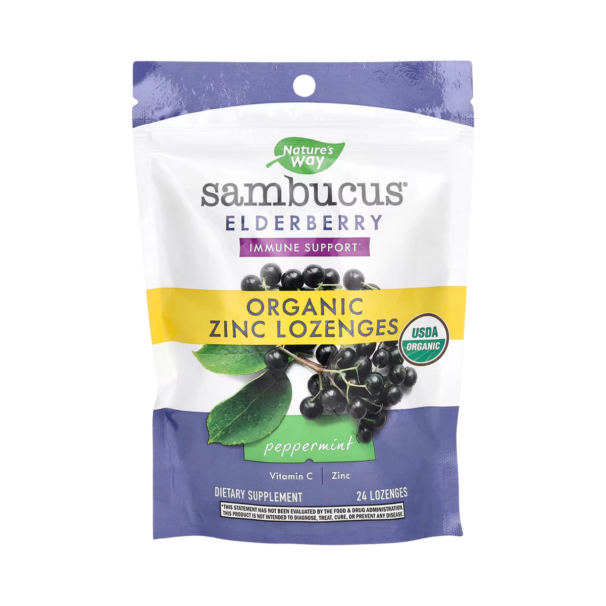 Nature's Way, Organic Sambucus Zinc Lozenges Peppermint Flavour, 24 Lozenges