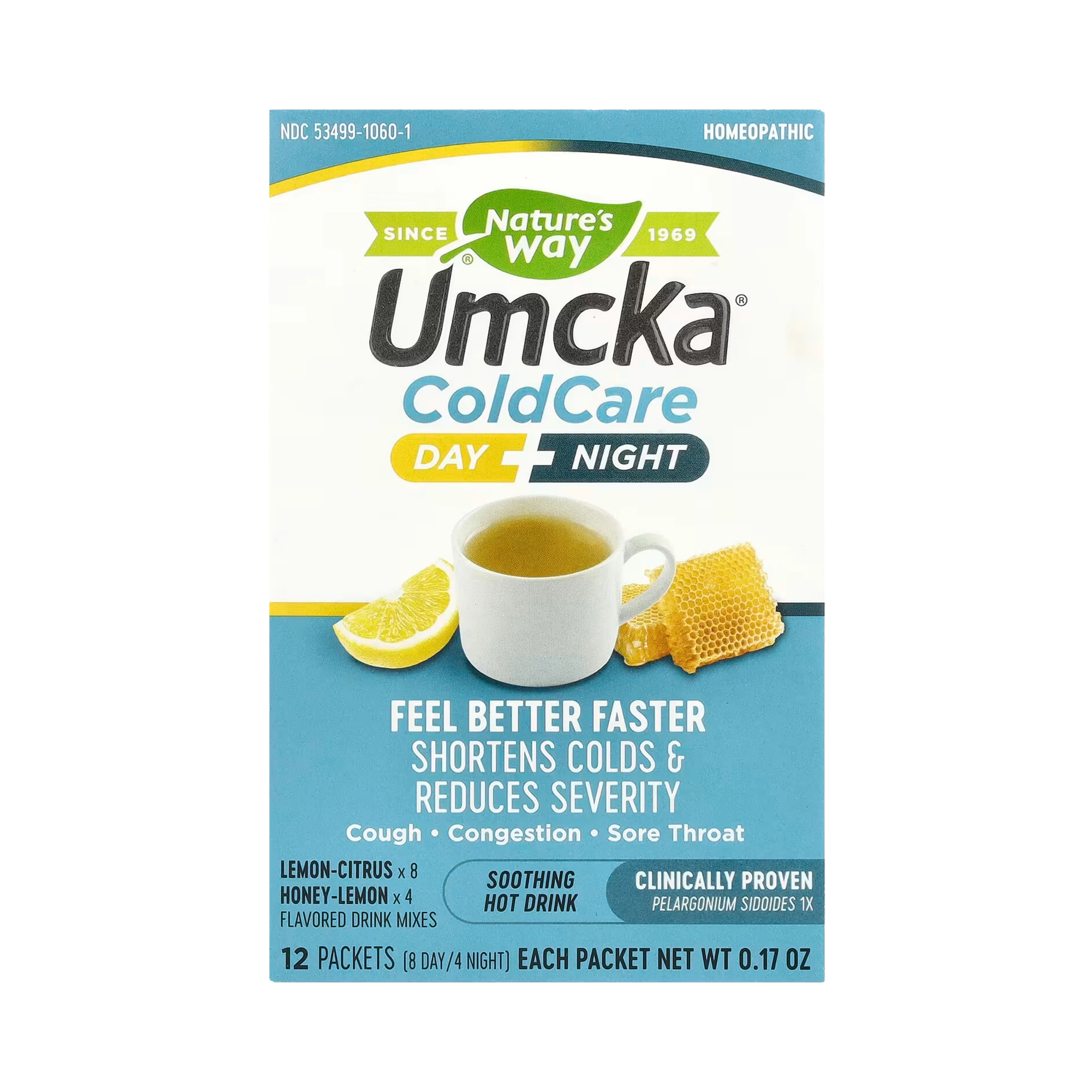 Nature's Way, Umcka, Cold Care, Day + Night, Soothing Hot Drink, Lemon-Citrus, Honey-Lemon, 12 Packets, 0.17 Oz Each