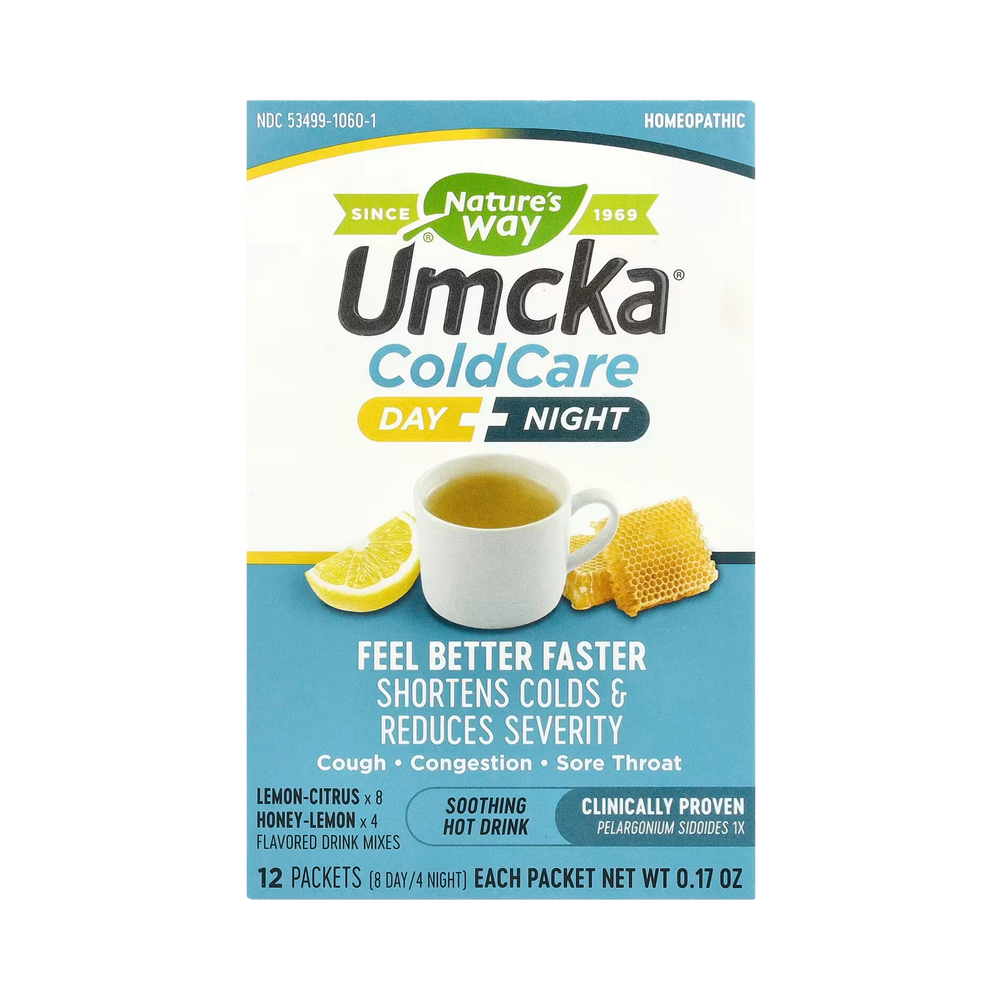Nature's Way, Umcka, Cold Care, Day + Night, Soothing Hot Drink, Lemon-Citrus, Honey-Lemon, 12 Packets, 0.17 Oz Each