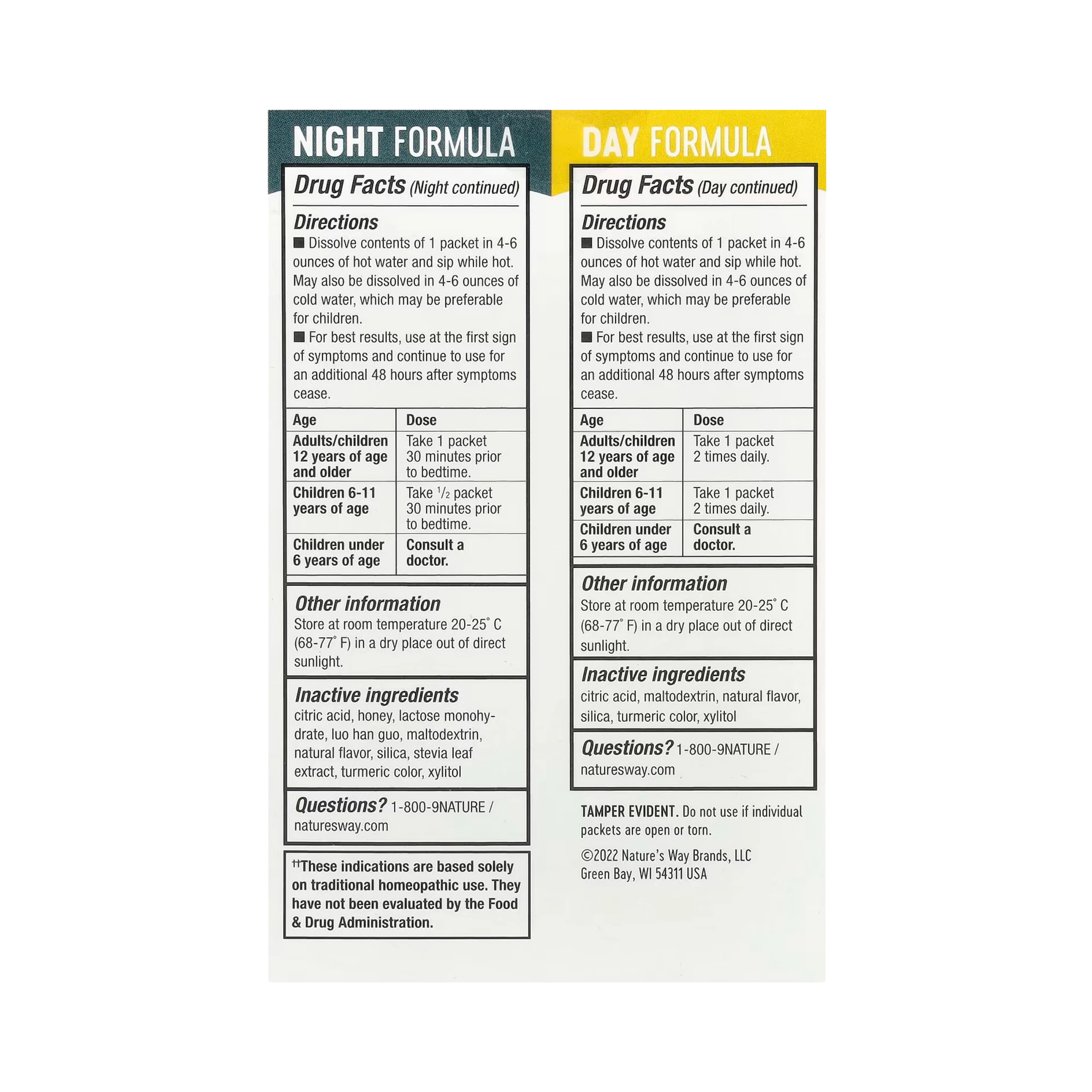 Nature's Way, Umcka, Cold Care, Day + Night, Soothing Hot Drink, Lemon-Citrus, Honey-Lemon, 12 Packets, 0.17 Oz Each