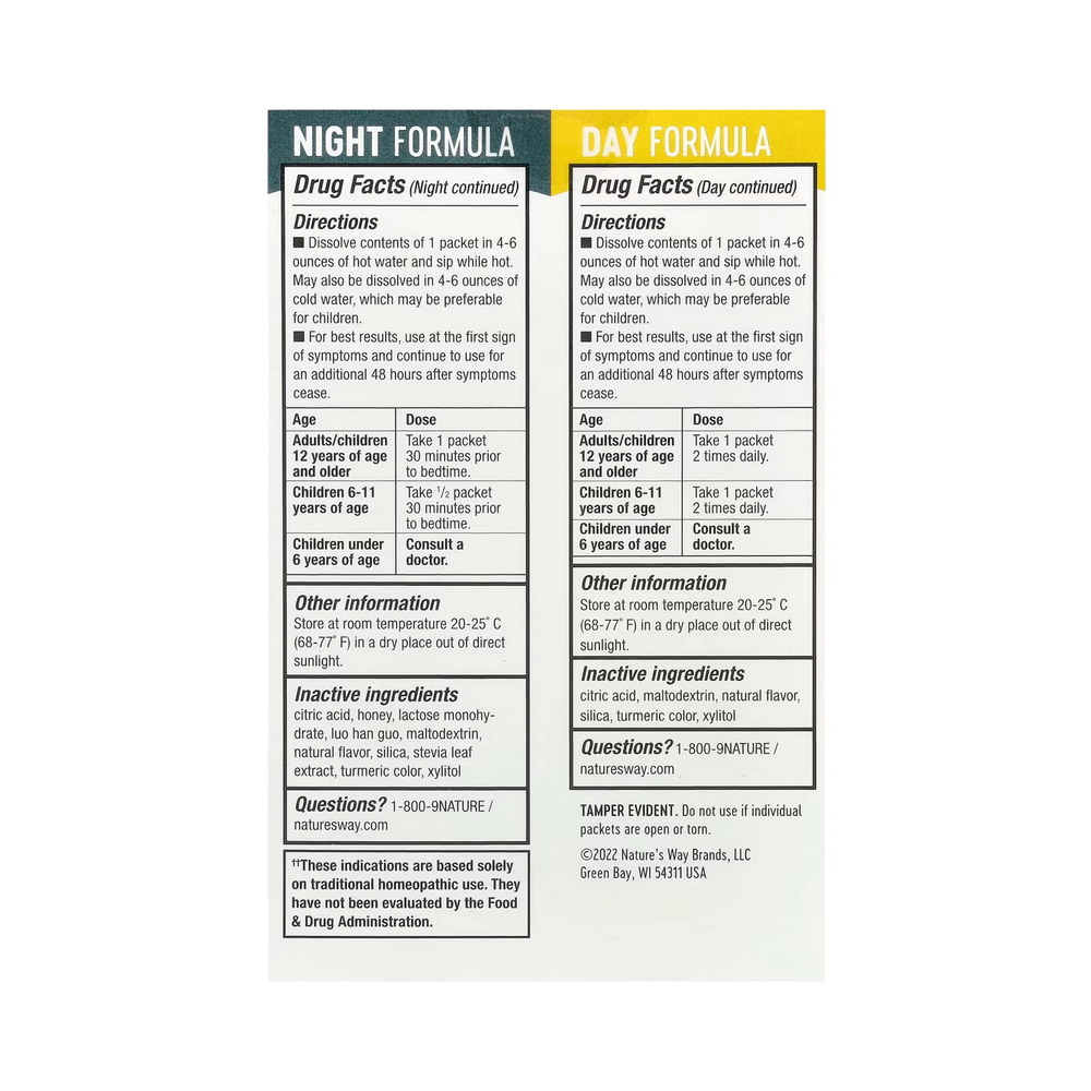 Nature's Way, Umcka, Cold Care, Day + Night, Soothing Hot Drink, Lemon-Citrus, Honey-Lemon, 12 Packets, 0.17 Oz Each