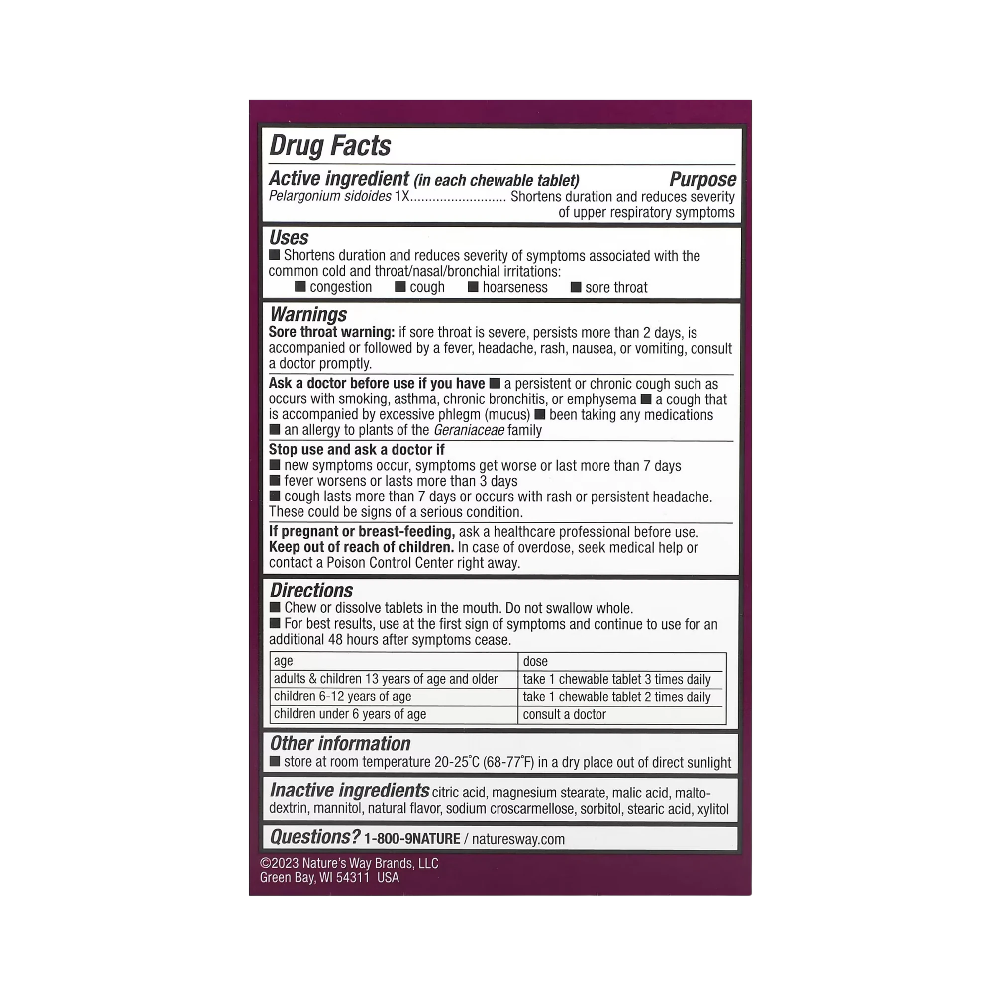 Nature's Way, Umcka, Kids Cold Relief, Non-Drowsy, For Ages 6+, Cherry, 10 Chewable Tablets